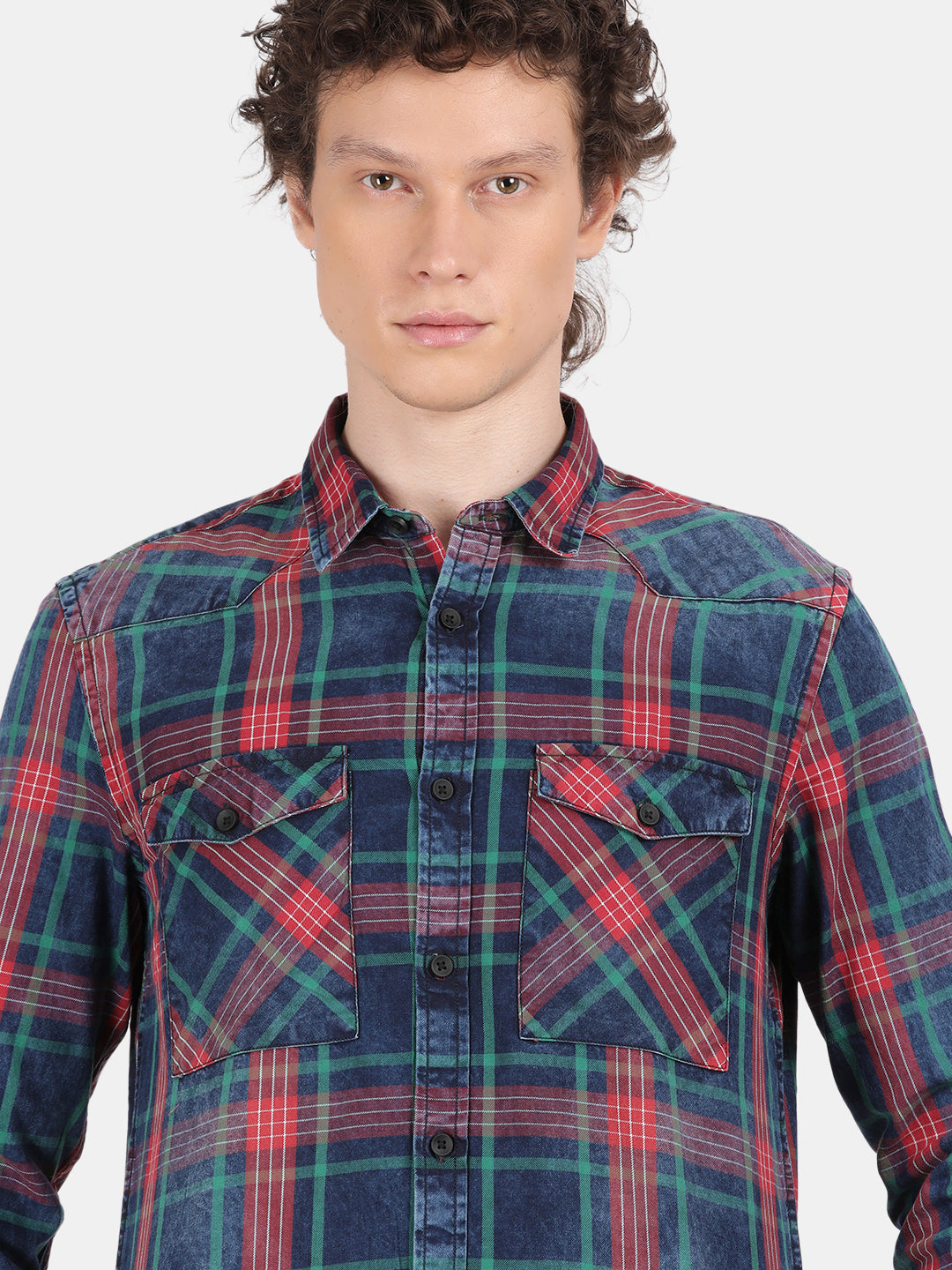 Men Blue Slim Fit Spread Collar Full Sleeve Casual Shirt