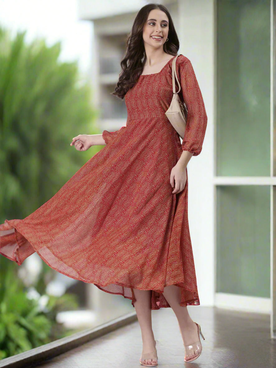 Women Red Printed Fit & Flare Dress