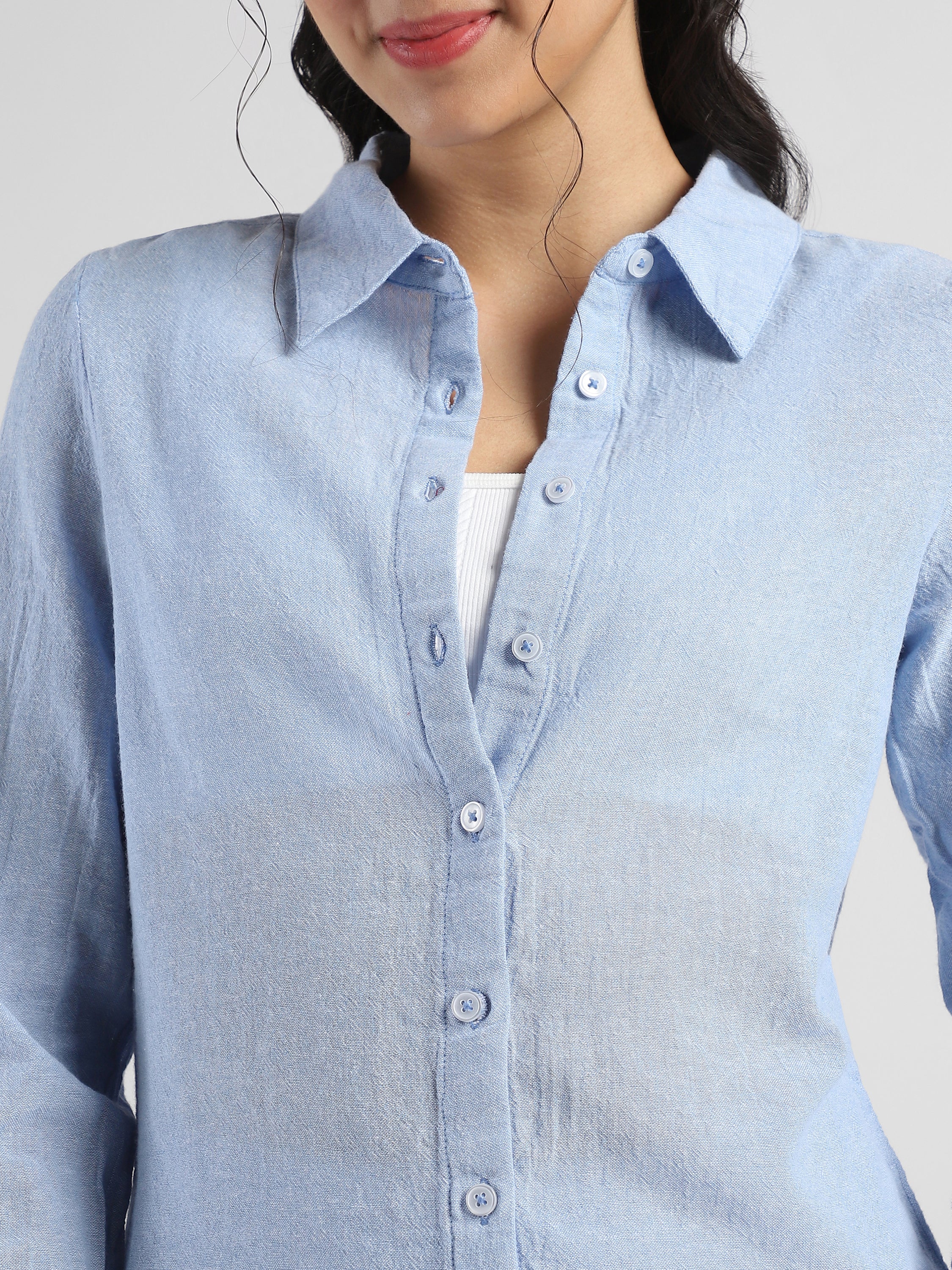 Women Blue Textured Regular Fit Shirt