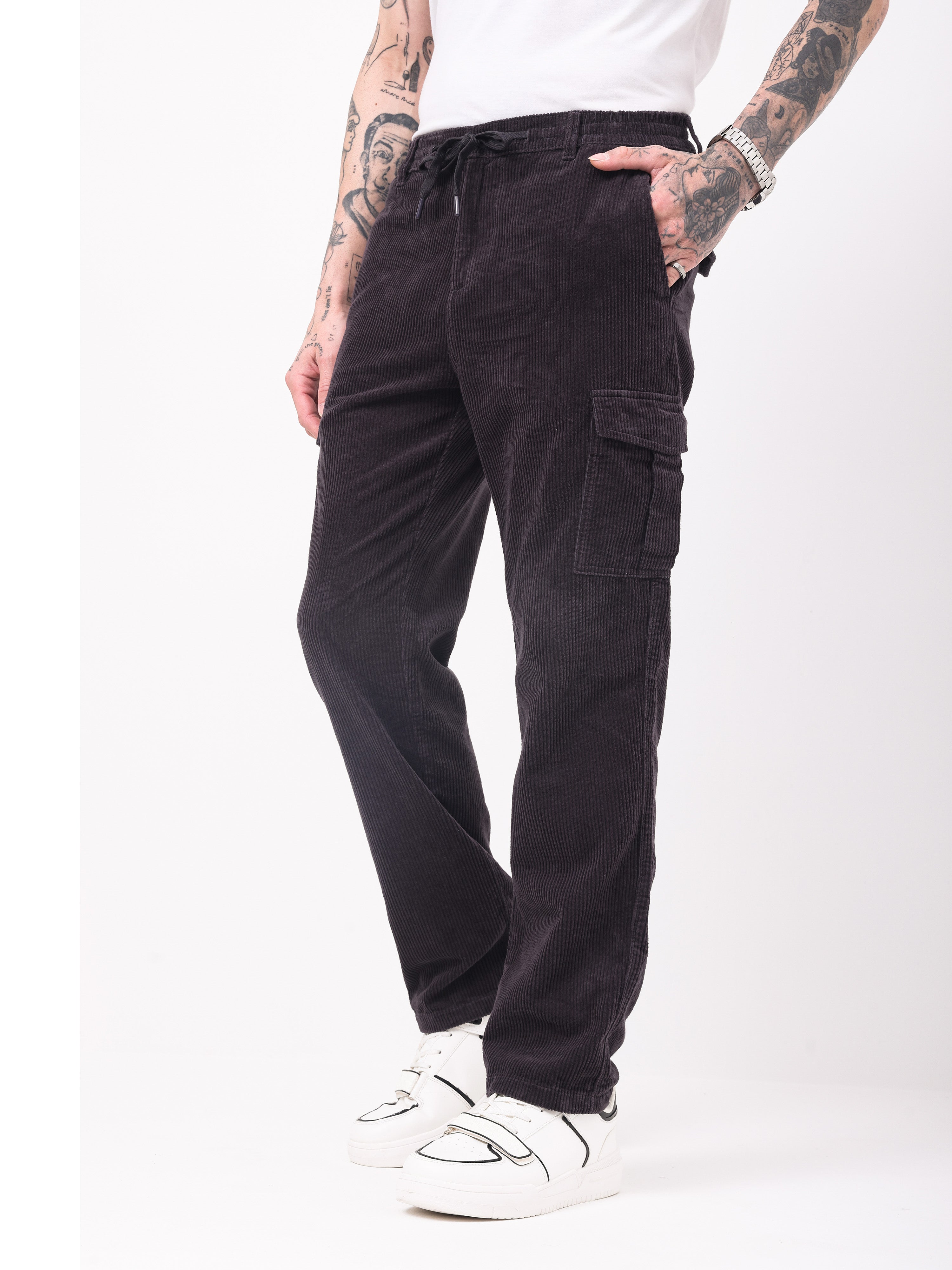 Men Black Corduroy Cargo Pants
