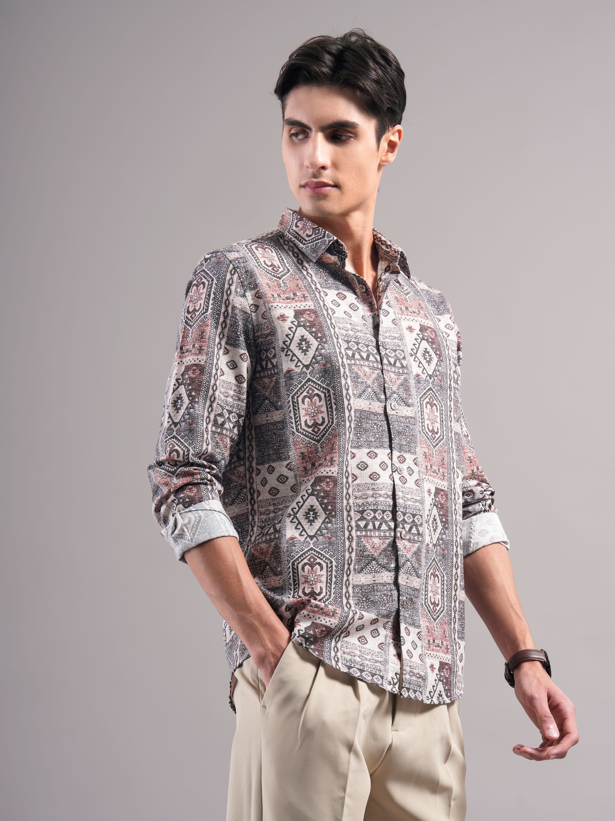 Men Grey Printed Casual Shirt