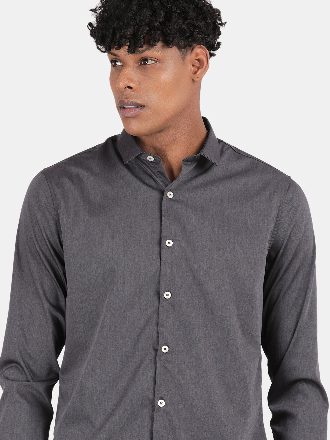 Men Charcoal Slim Fit Spread Collar Full Sleeve Casual Shirt