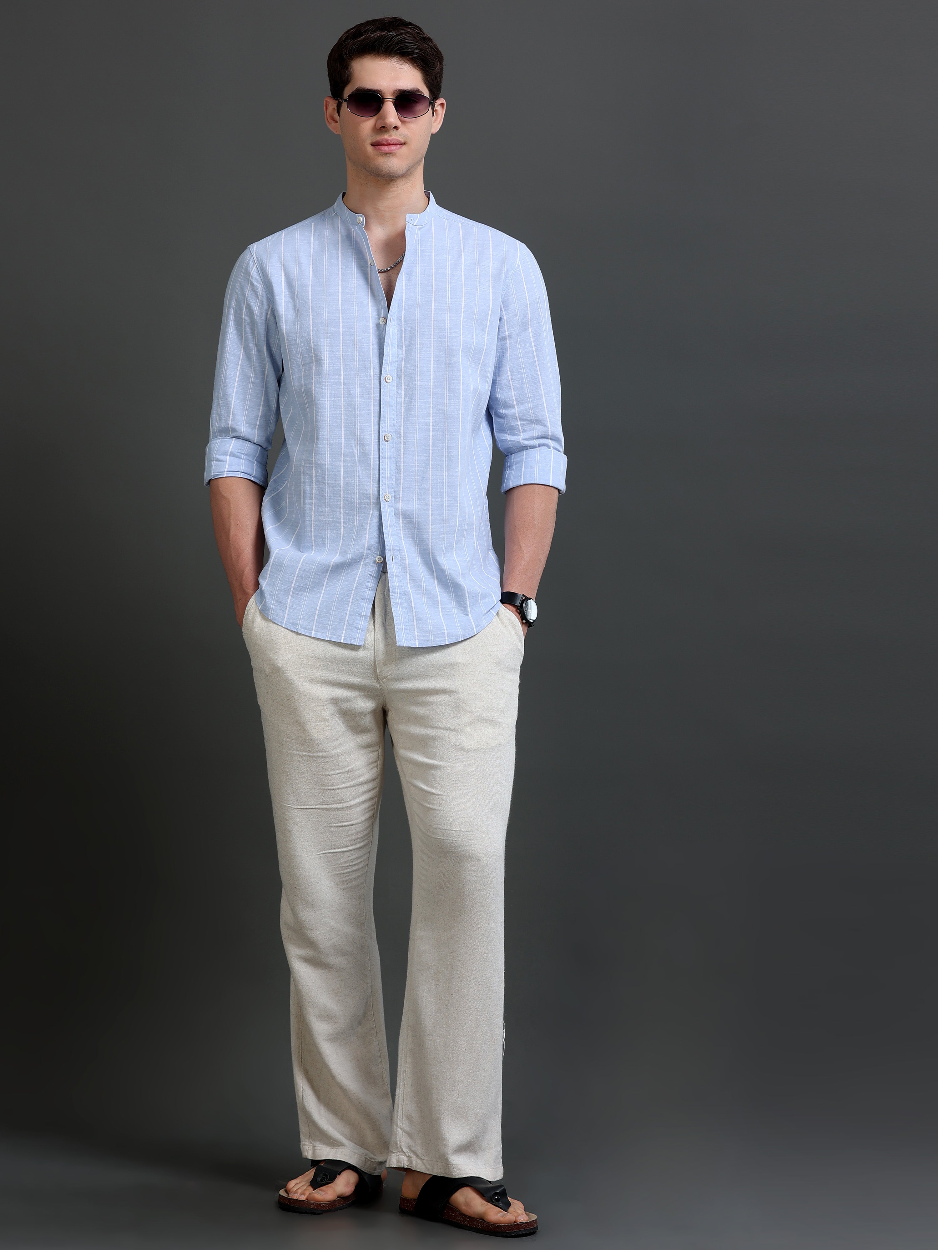 Men Blue Striped Cotton Shirt