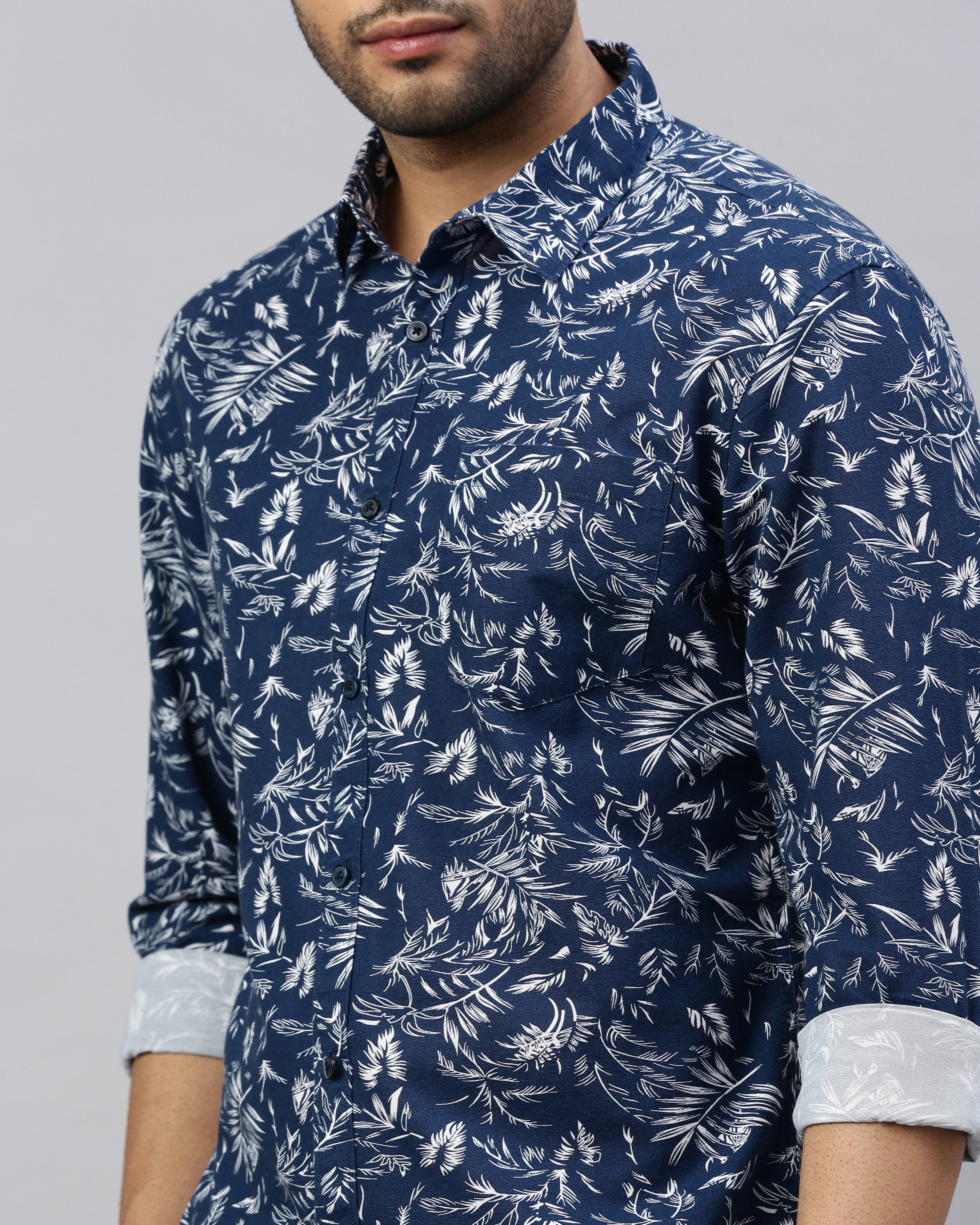 Men Navy Blue Cotton Slim Shirt