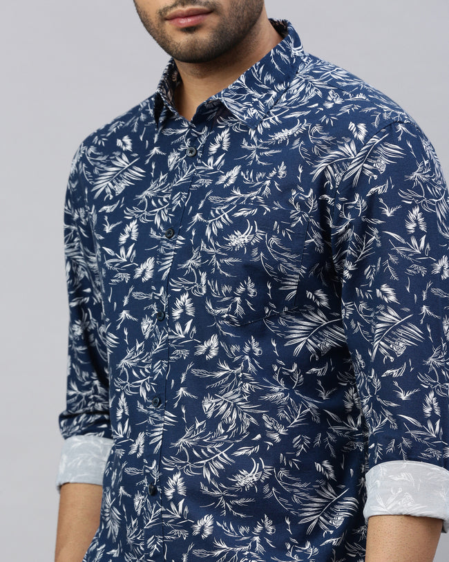 Men Navy Blue Cotton Slim Shirt