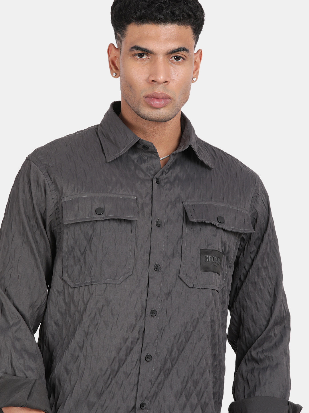 Men Dark Grey Slim Fit Spread Collar Full Sleeve Casual Shirt