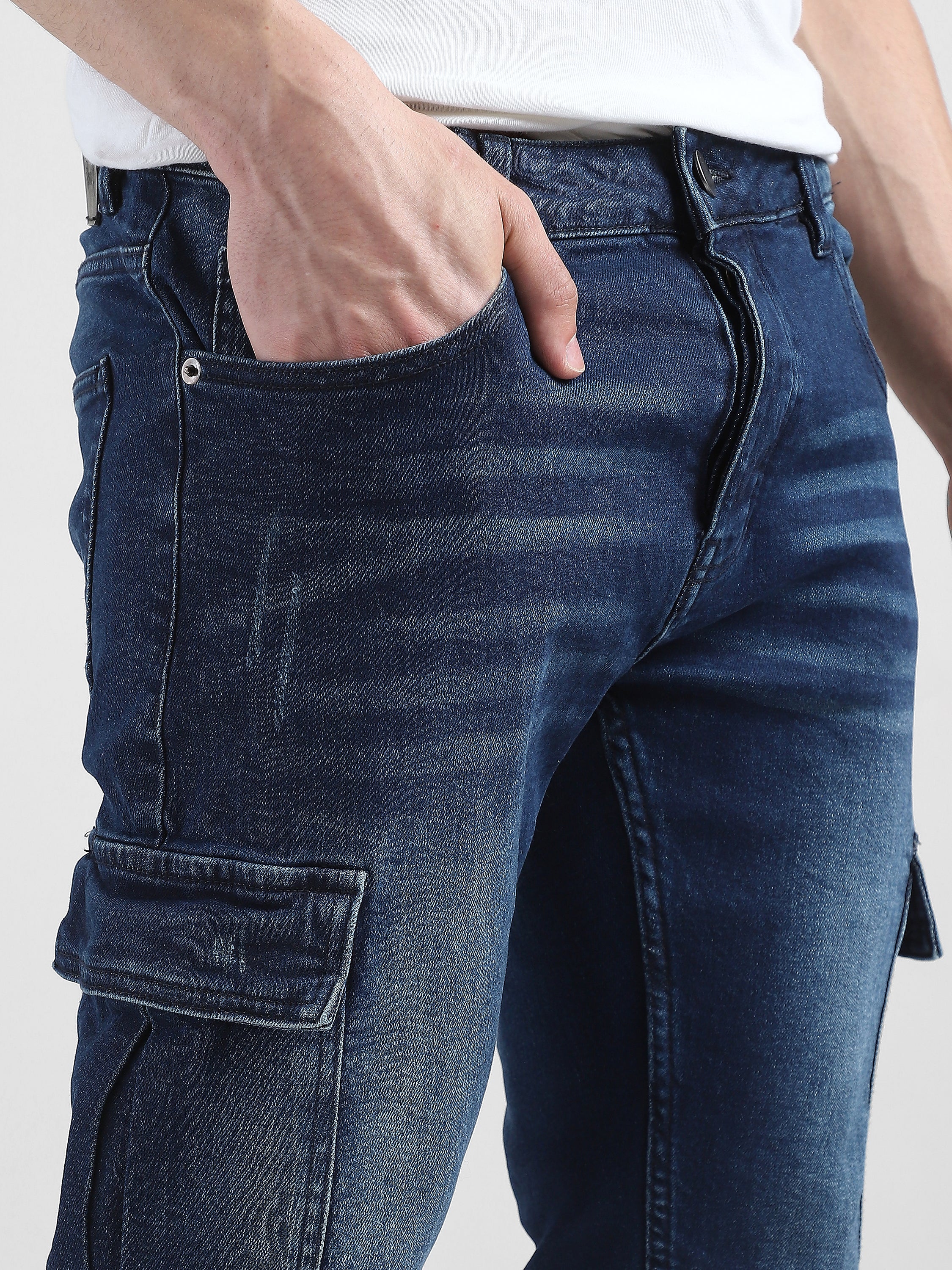 Men Navy Denim Mid Rise Cargo Pants