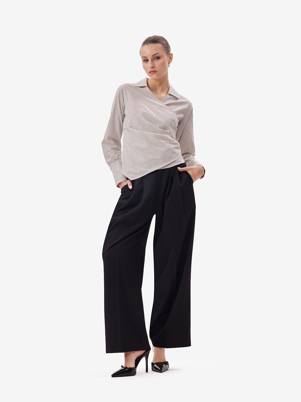 Women White Striped Overlap Shirt