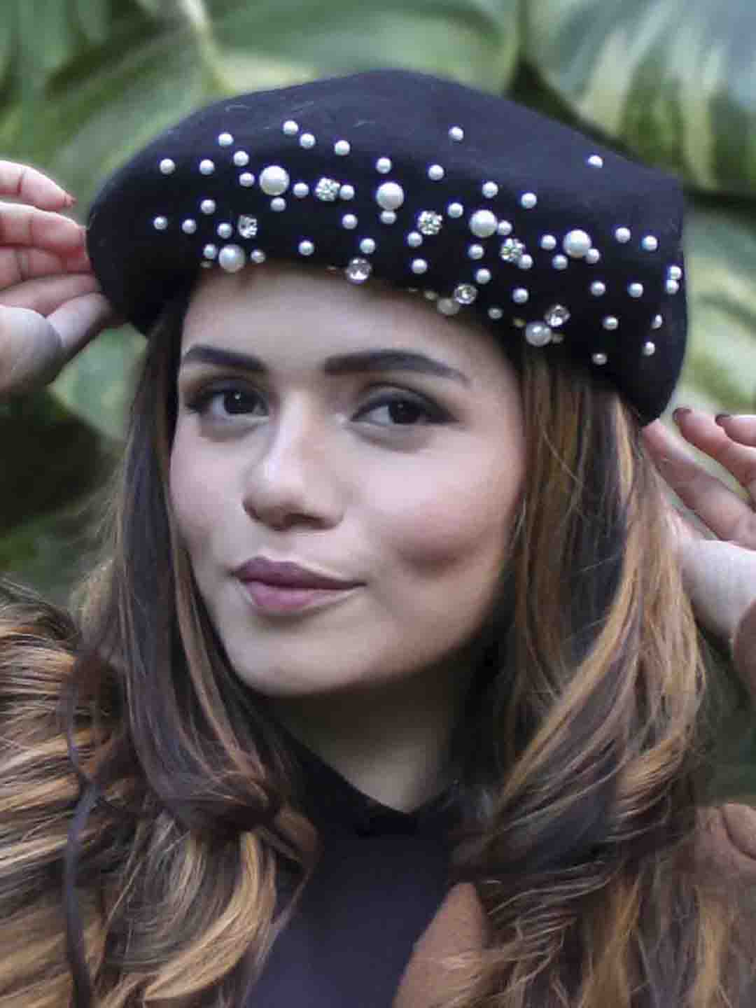 Black Beret with Pearls & Crystals
