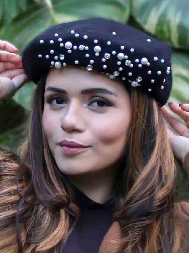 Black Beret with Pearls & Crystals