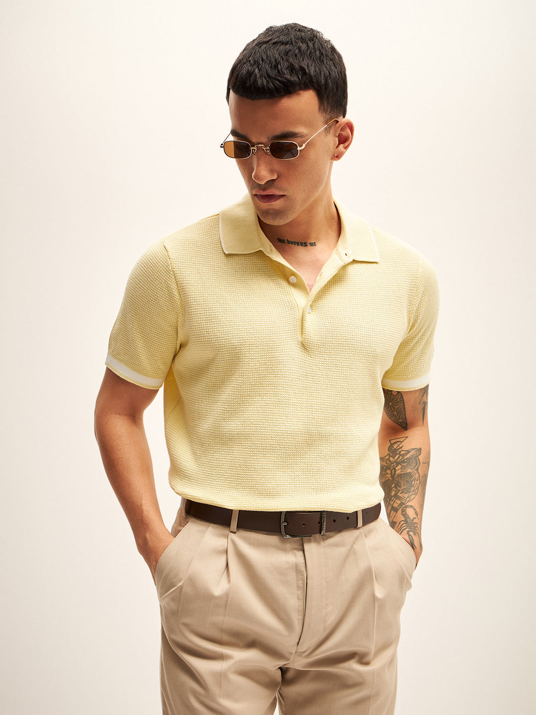Men Yellow Self Design Regular Fit Polo T-Shirt