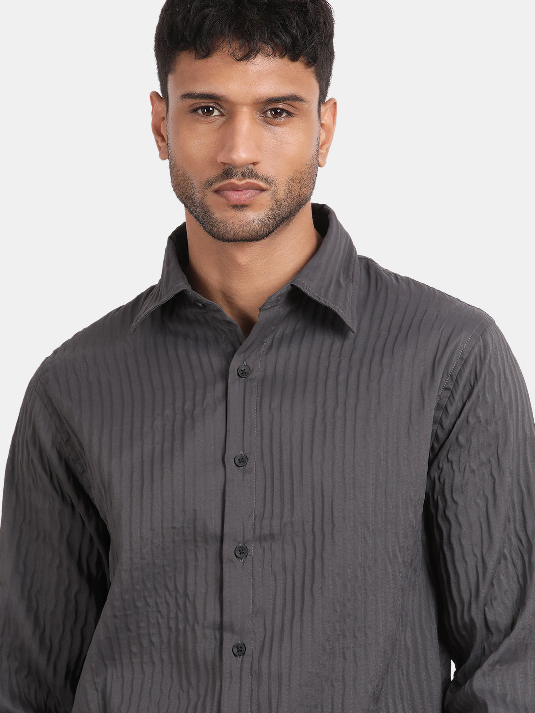 Men Dark Grey Slim Fit Spread Collar Full Sleeve Casual Shirt