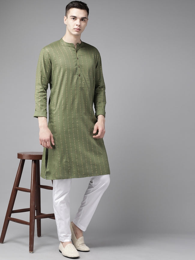 Men Green & Gold Stripe Printed Straight Kurta