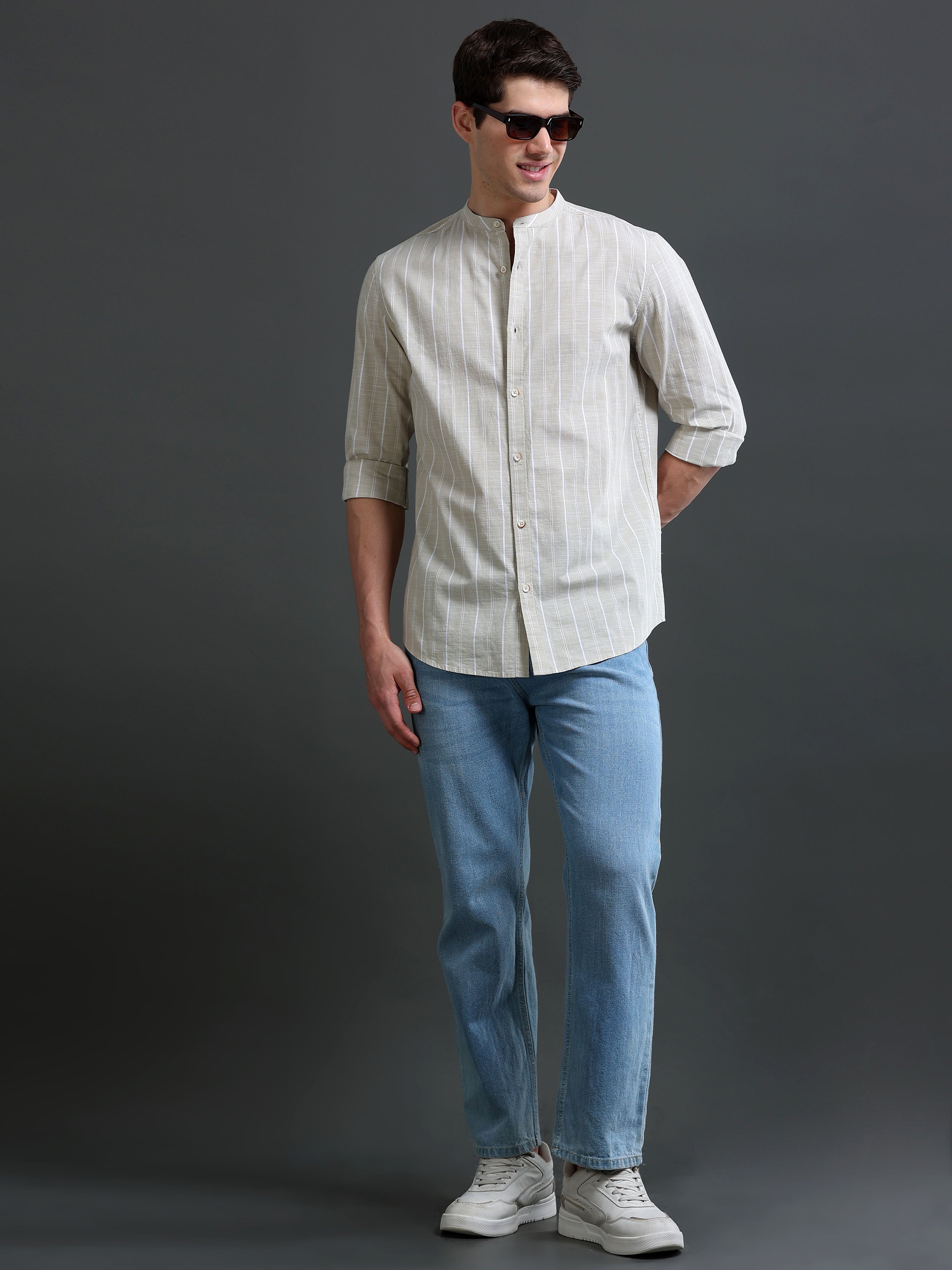 Men Beige Striped Cotton Shirt