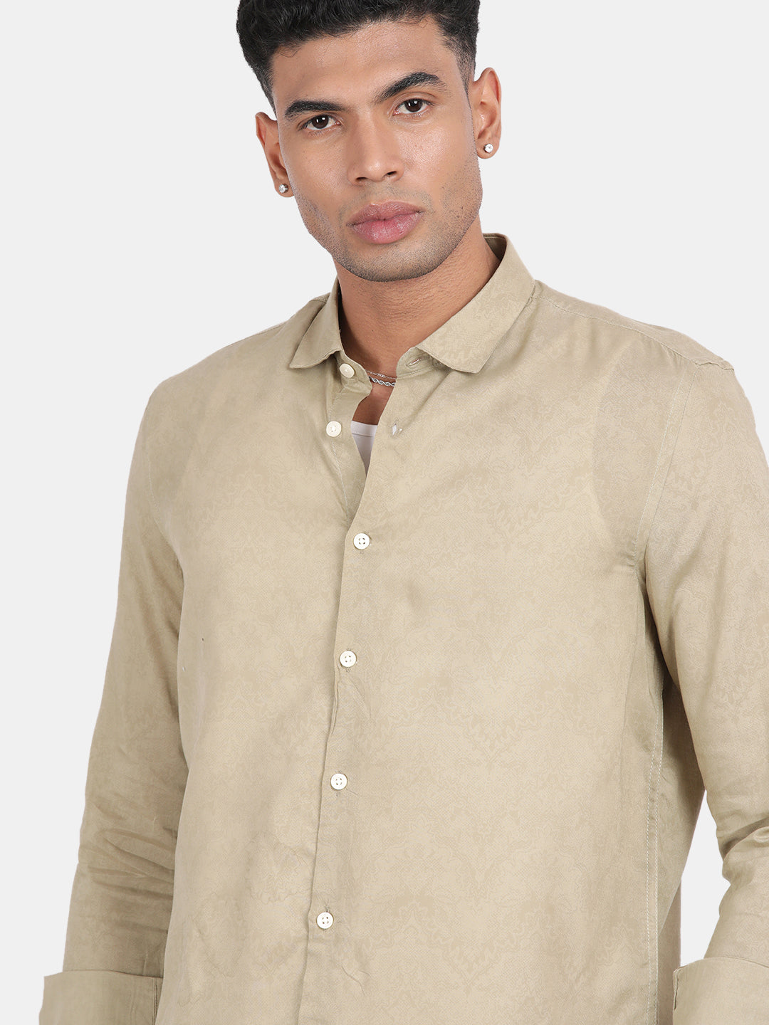 Men Khaki Slim Fit Spread Collar Full Sleeve Casual Shirt