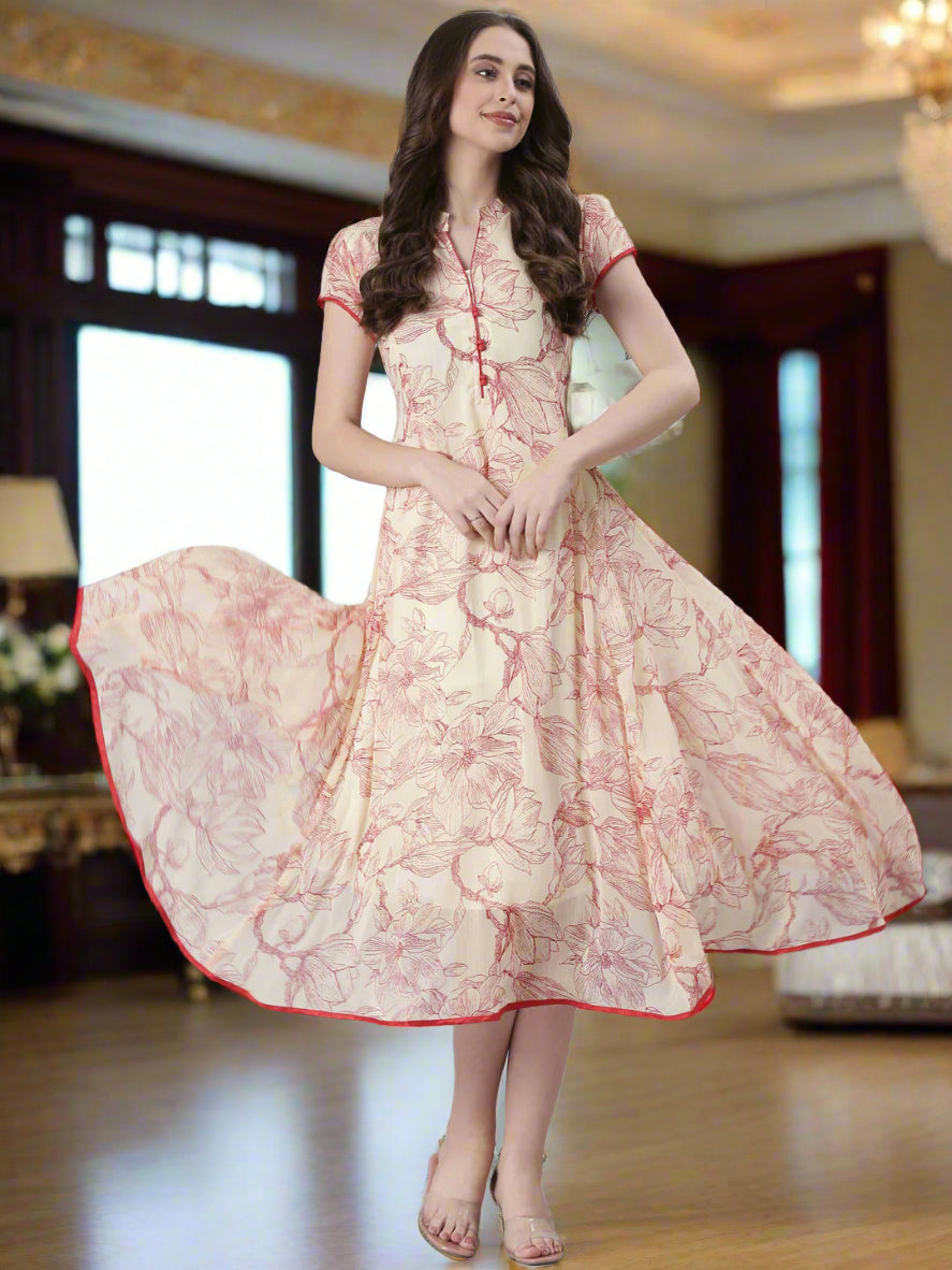 Women Cream Floral Tiered Midi Dress