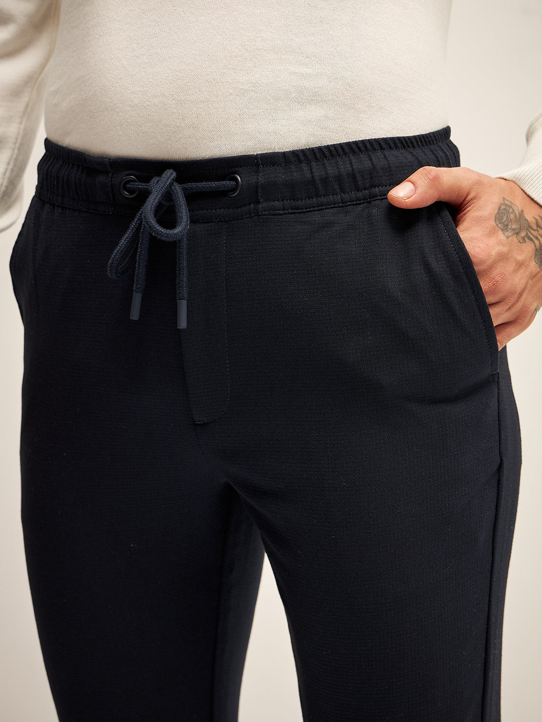Men Dark Blue Solid 4 Way Stretch Semi-Formal Trouser
