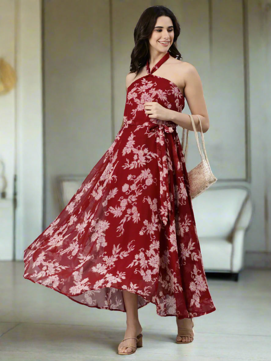 Women Maroon Floral Chiffon Dress
