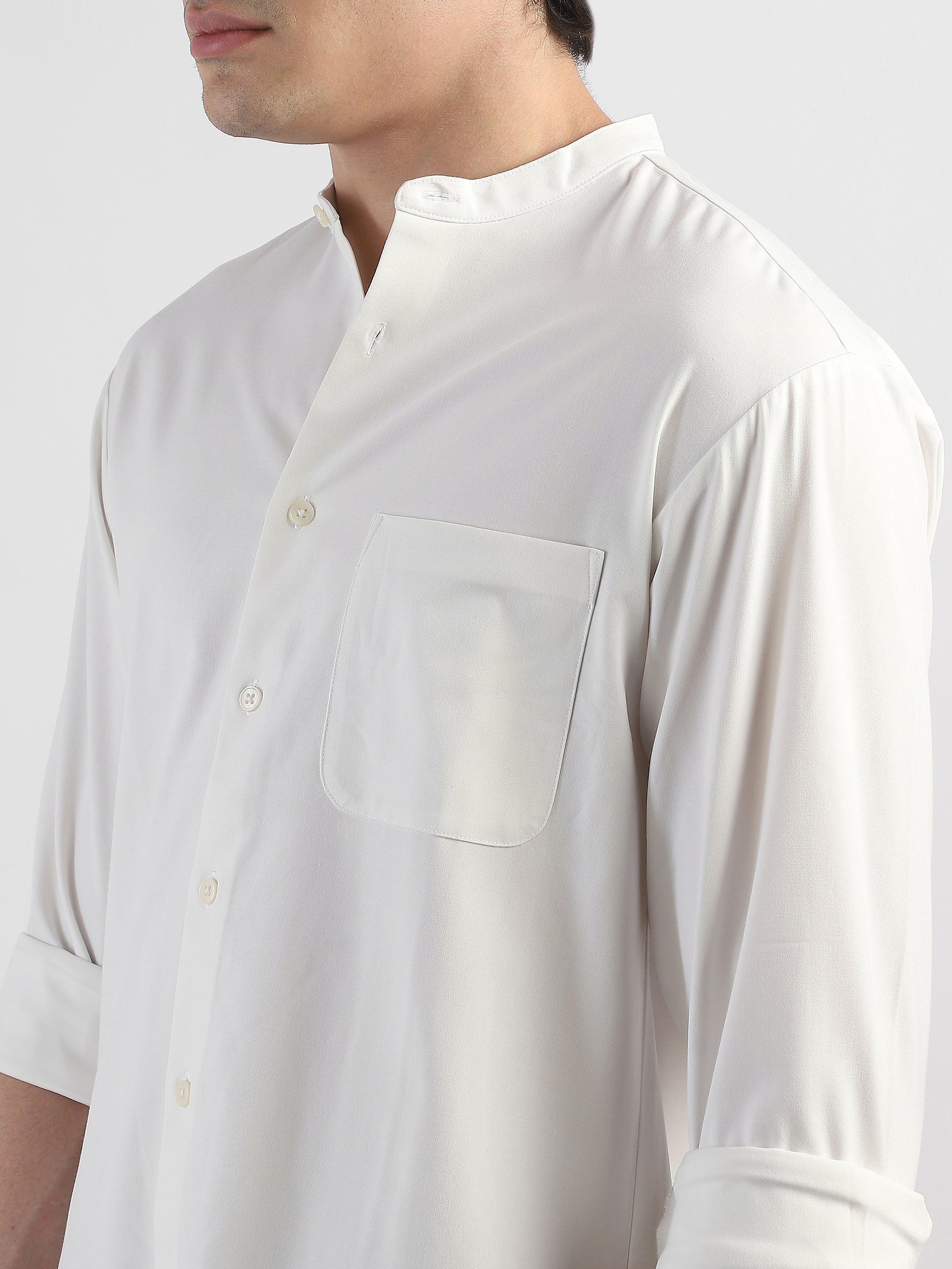 Men White Mandarin Collar Regular Fit Shirt