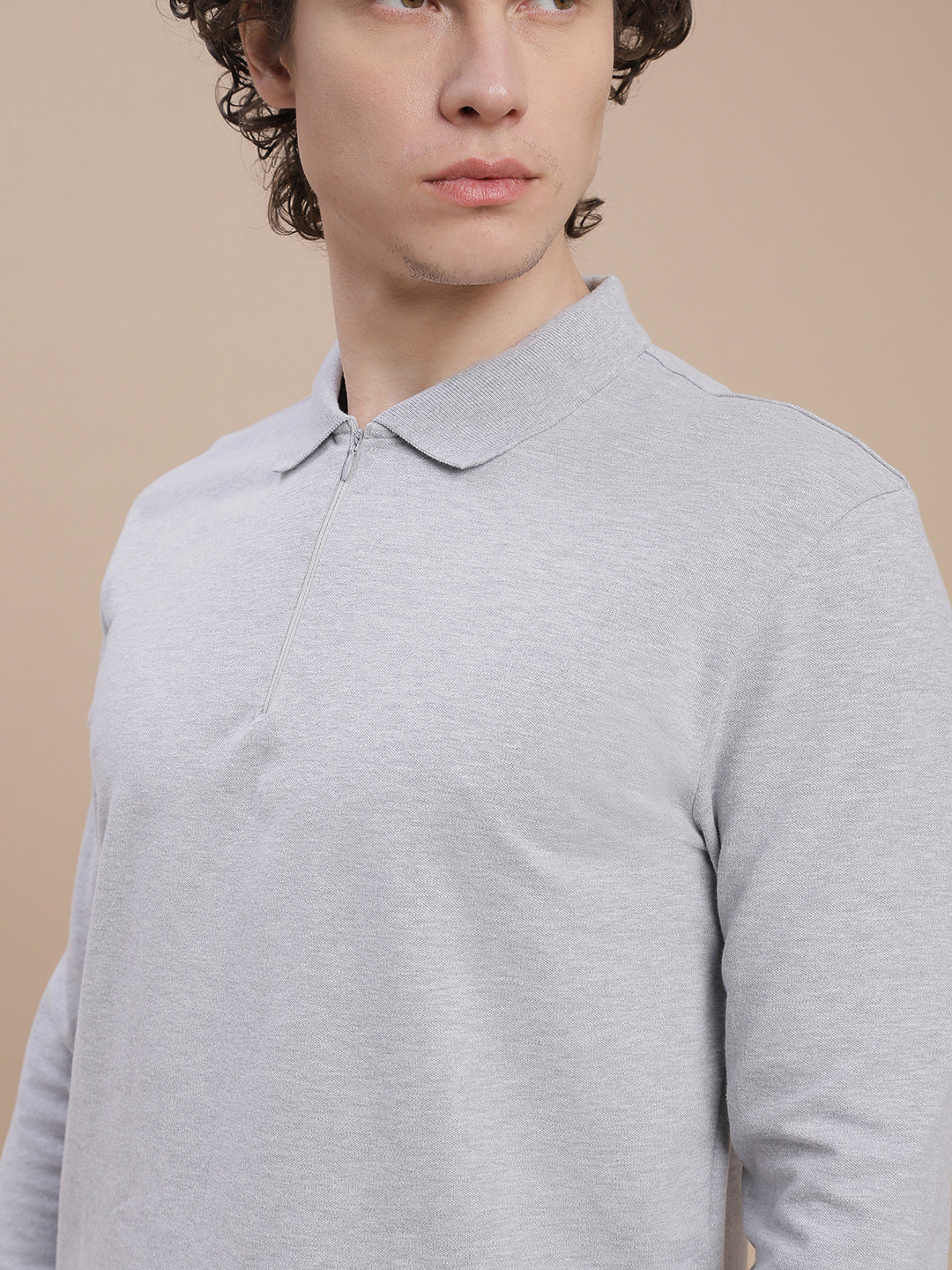 Men Grey Bonded Zipper T-Shirt