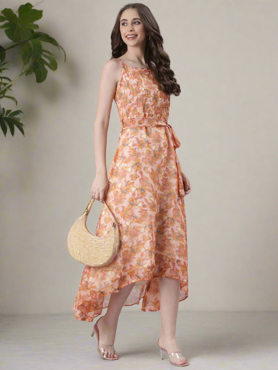 Women Peach Floral Print Tiered Dress