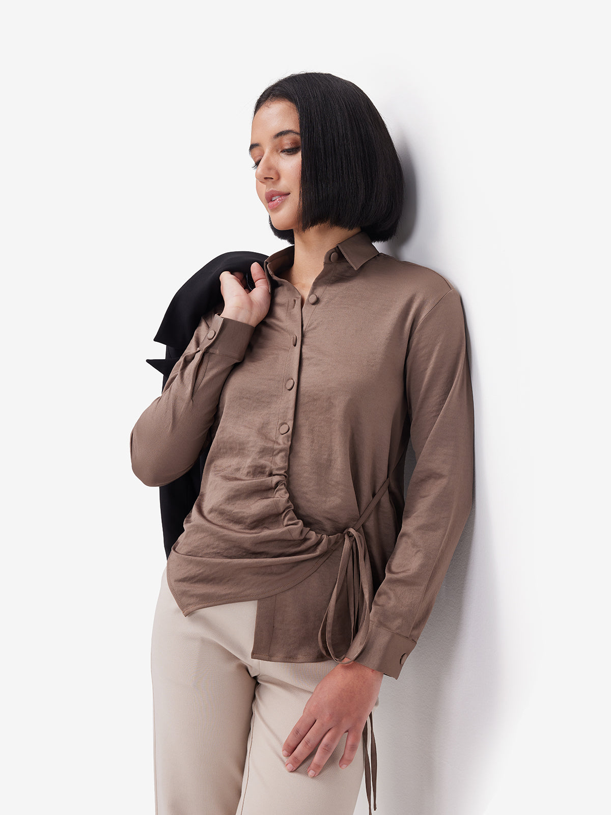 Women Brown Side Knot Detail Shirt