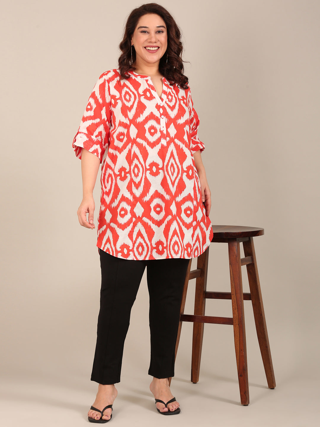 Women Orange Ikkat Printed Tunic