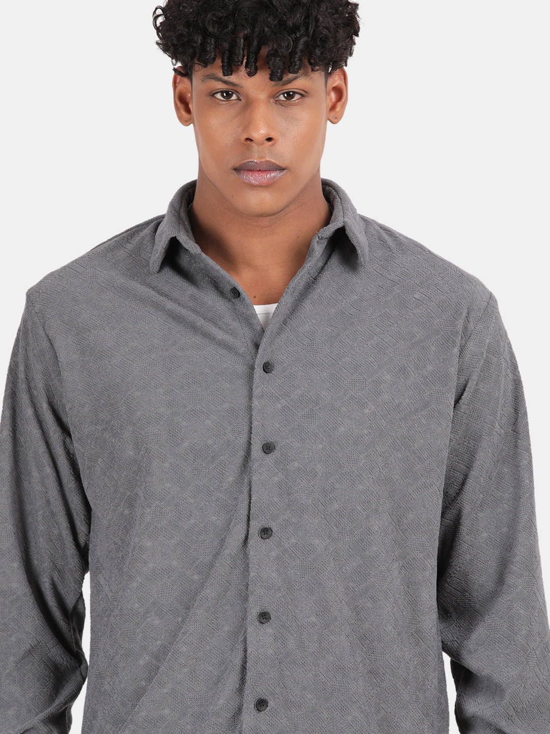 Men Grey Slim Fit Spread Collar Full Sleeve Casual Shirt