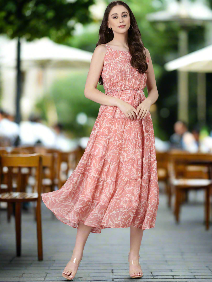 Women Peach Floral Fit & Flare Maxi