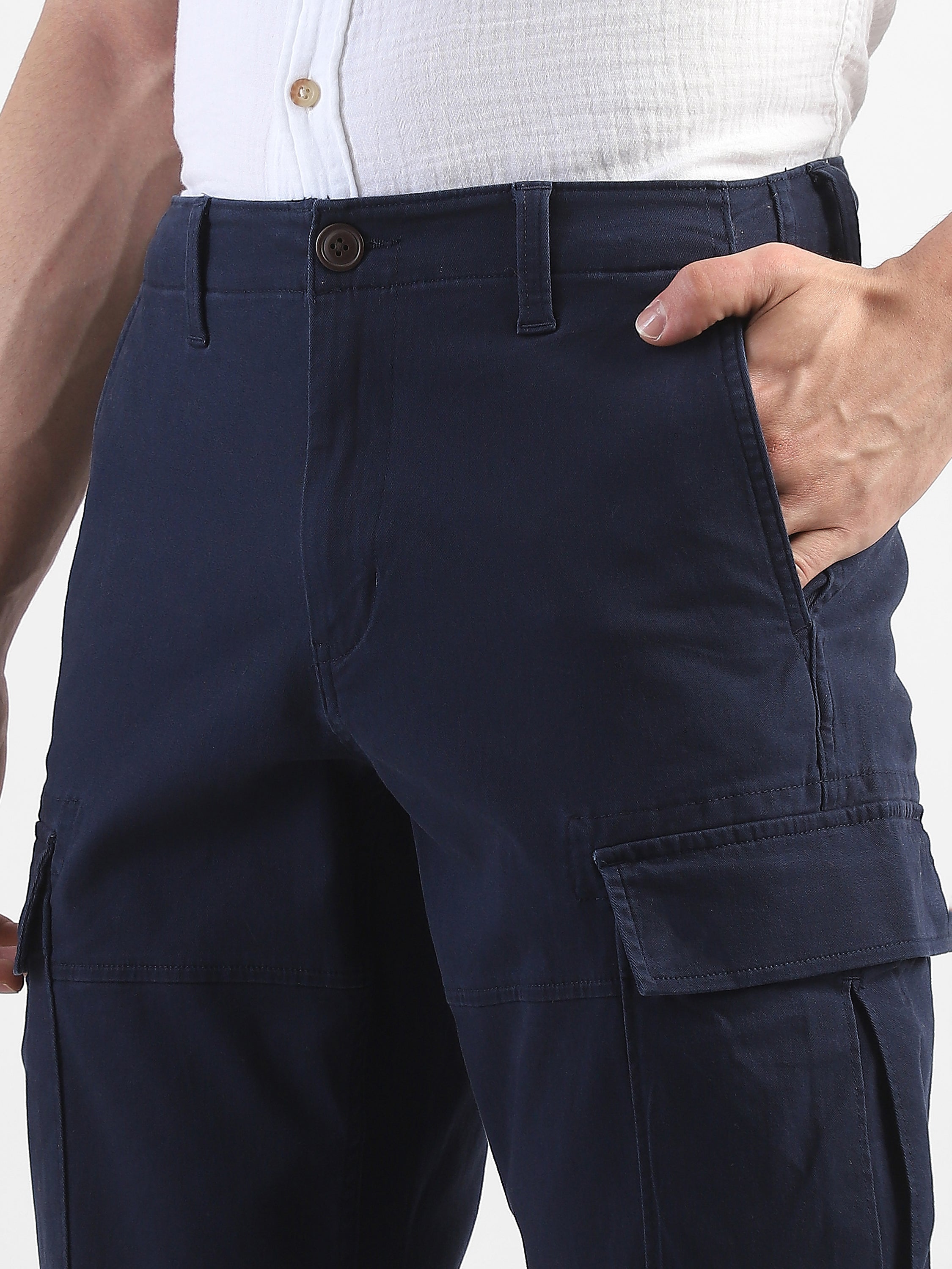 Men Navy Cotton Mid Rise Cargo Pants