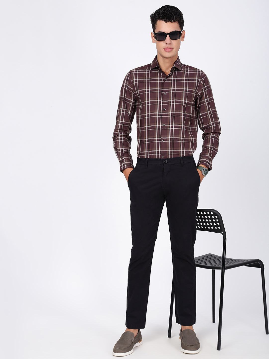 Men Brown Checked Slim Fit Formal Shirt
