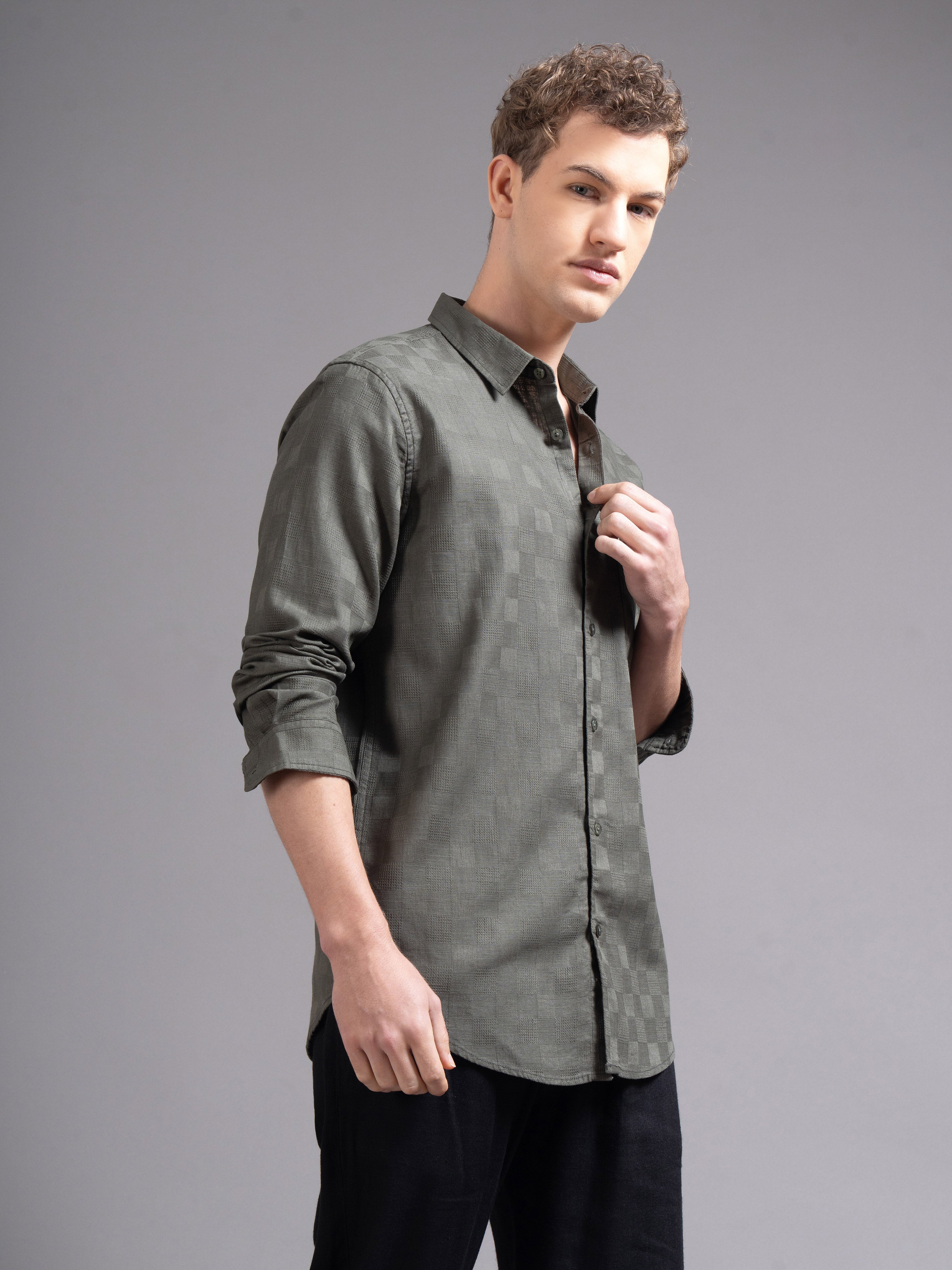 Men Olive Checked Shirt