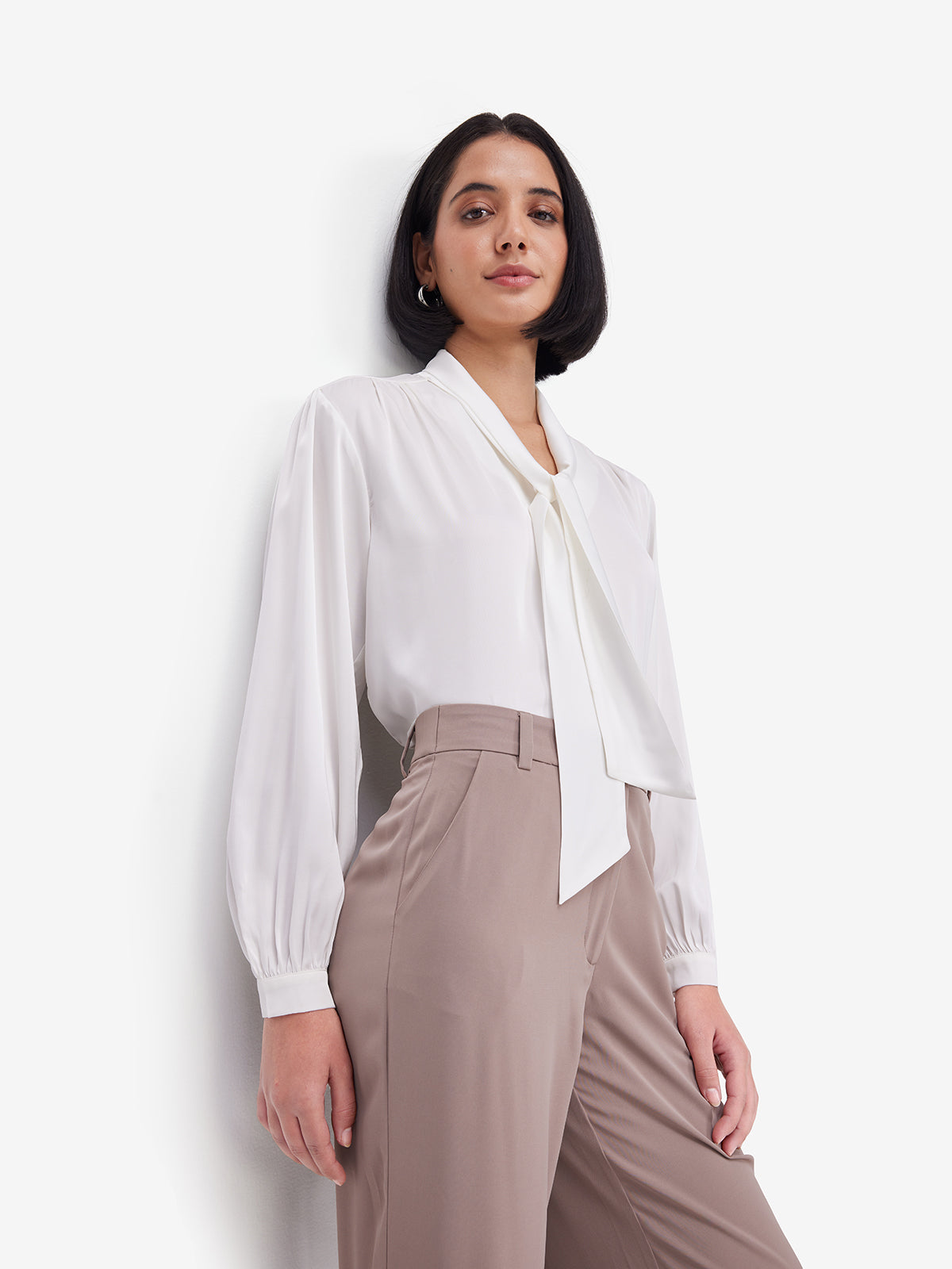 Women White Luxe Tie-Up Neck Satin Top