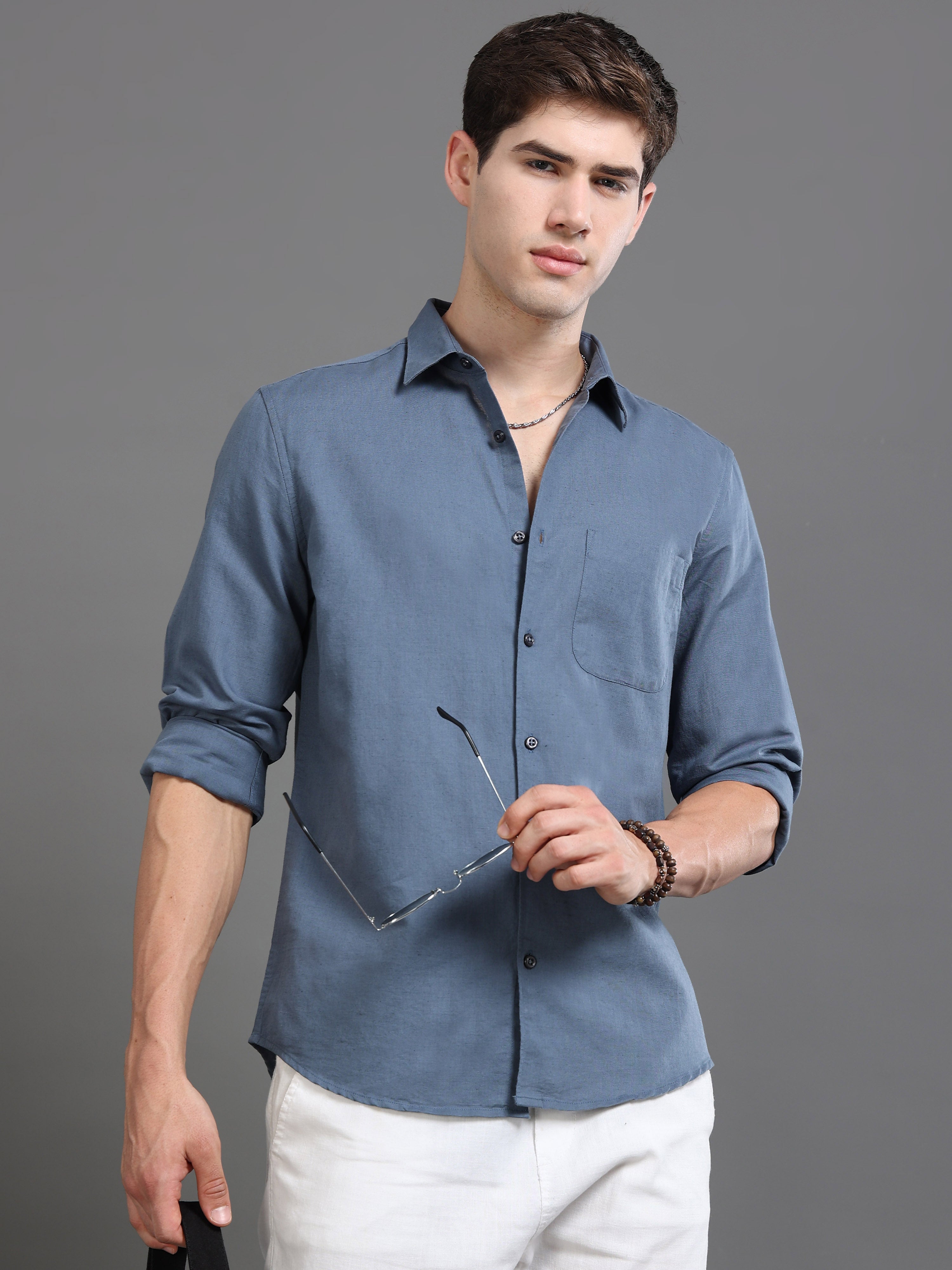 Men Blue Cotton Linen Slim Fit Shirt