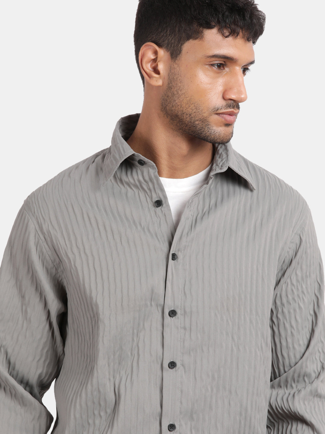 Men Grey Slim Fit Spread Collar Full Sleeve Casual Shirt