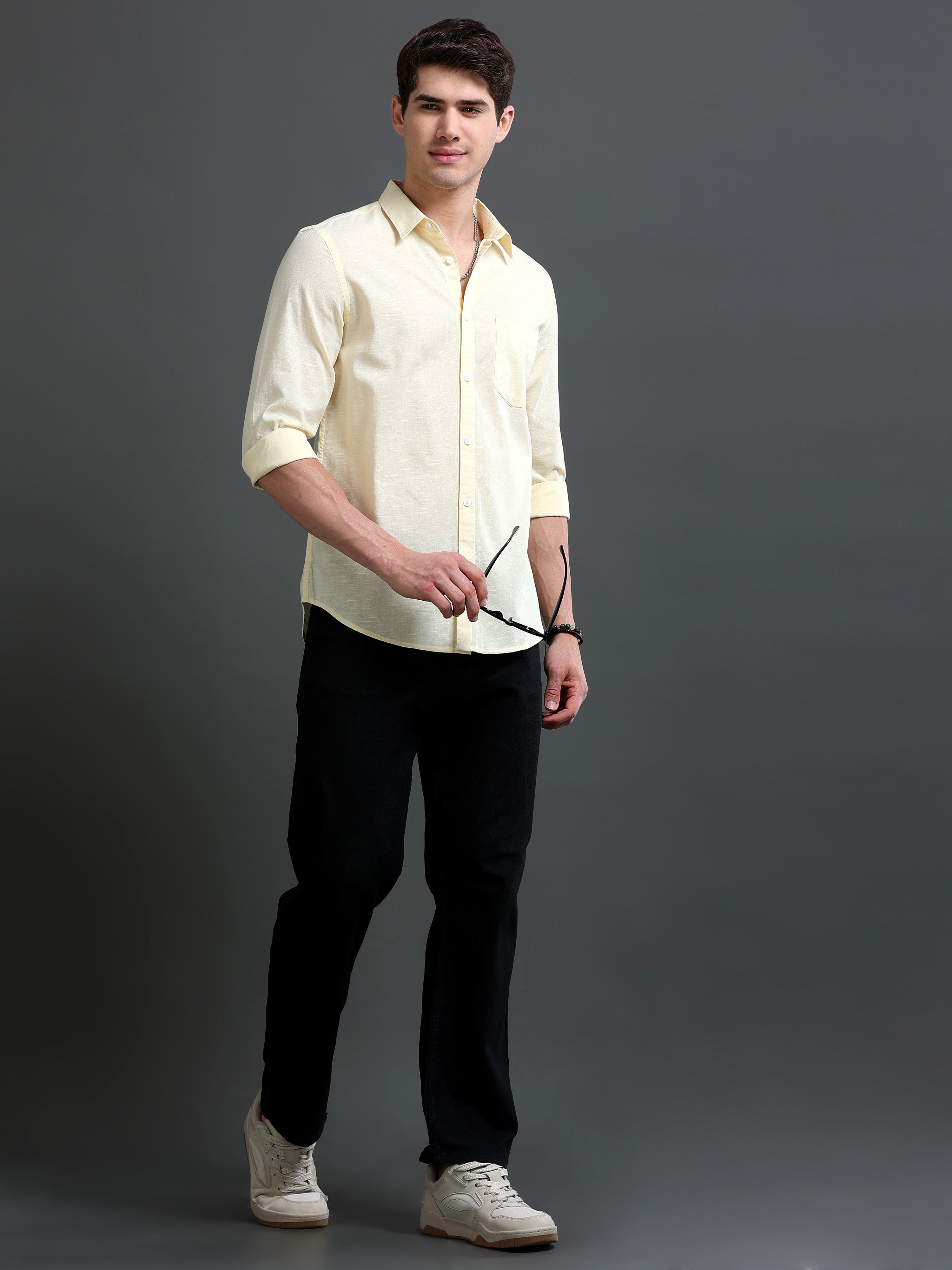 Men Yellow Slub Solid Shirt