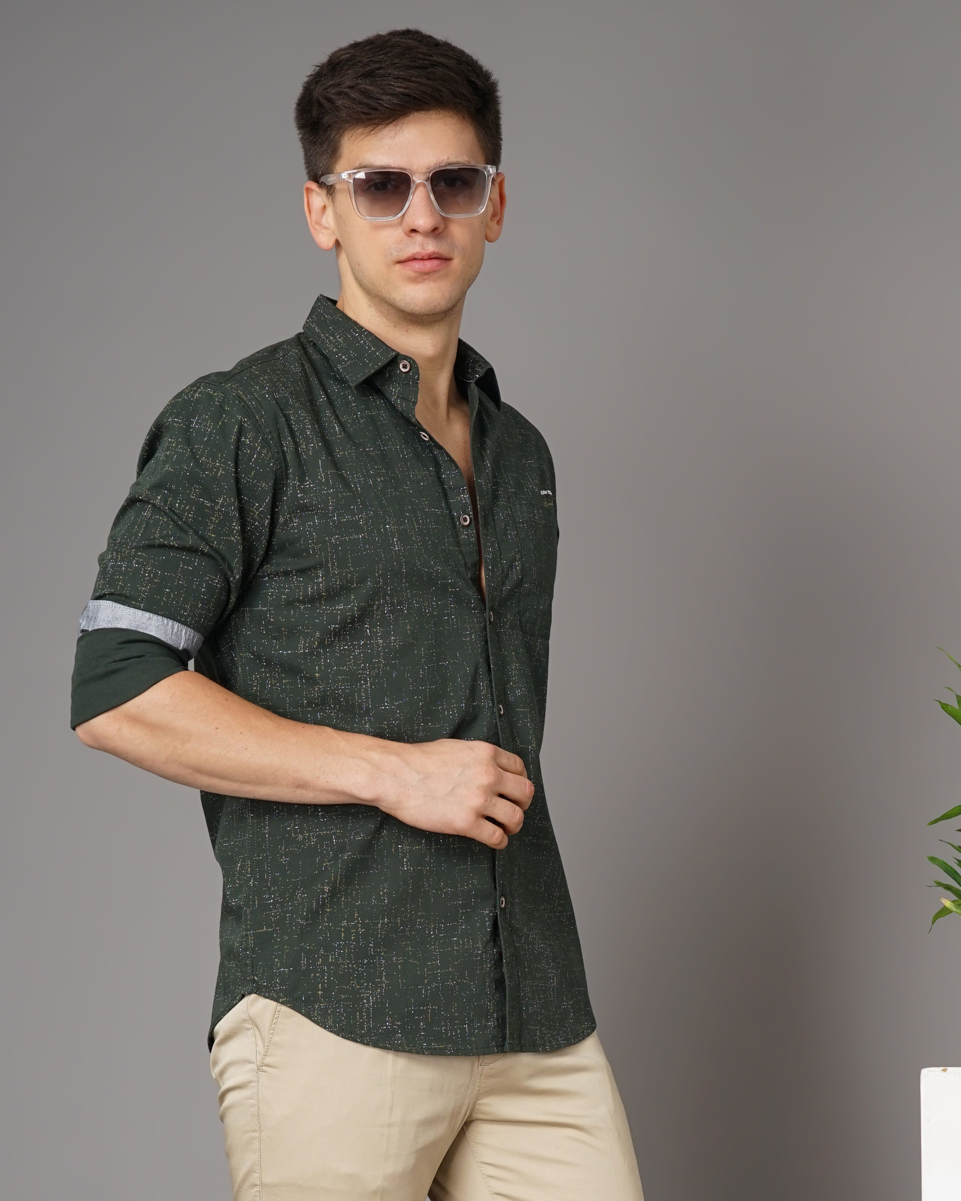 Men Olive Cotton Slim Shirt