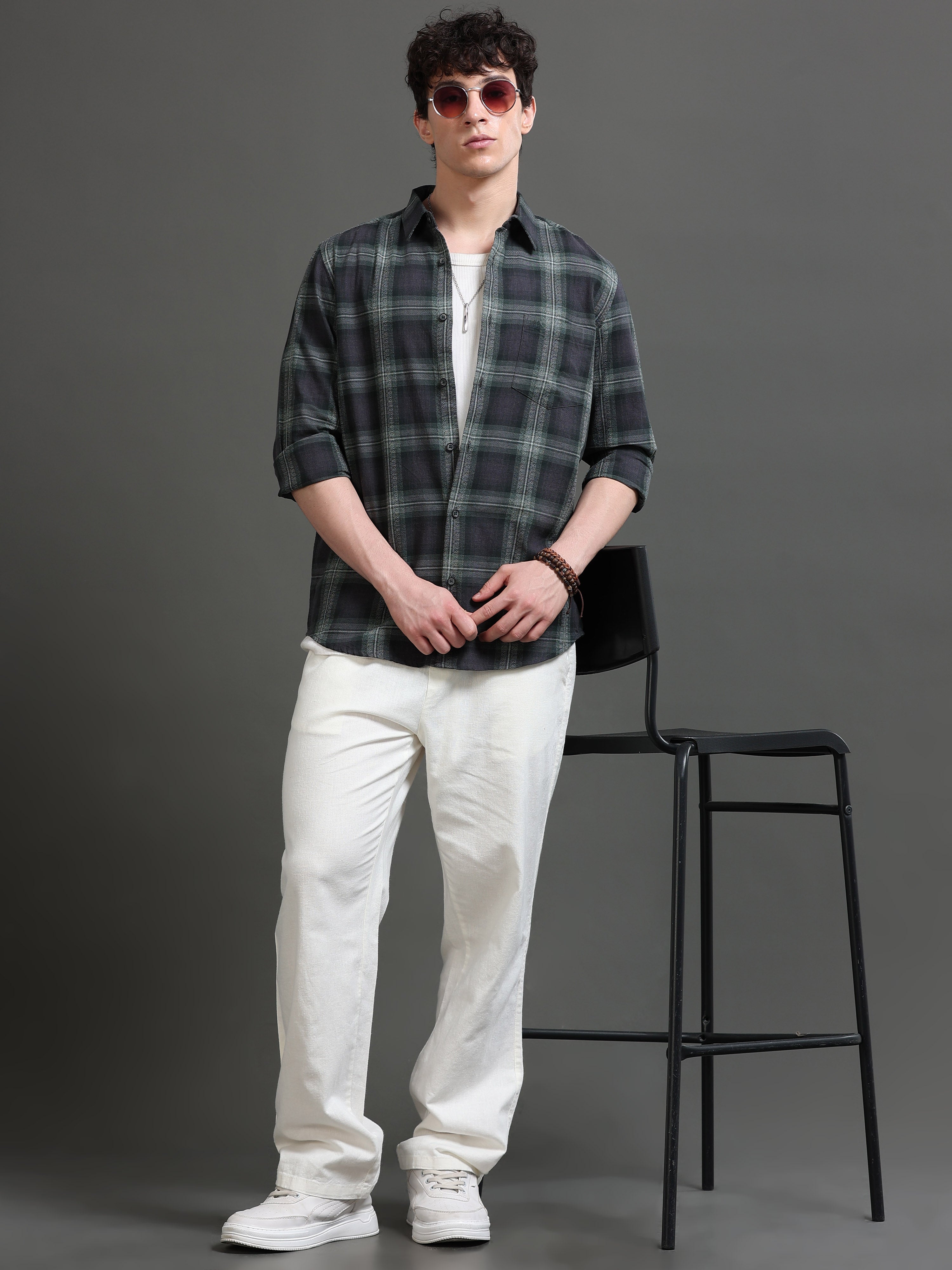 Men Green Checked Shirt