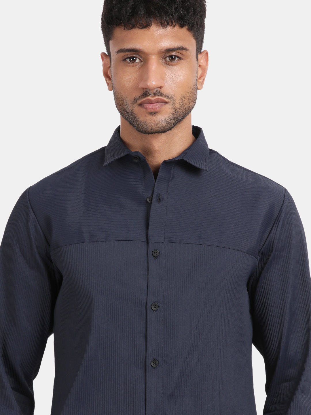 Men Navy Slim Fit Spread Collar Full Sleeve Casual Shirt