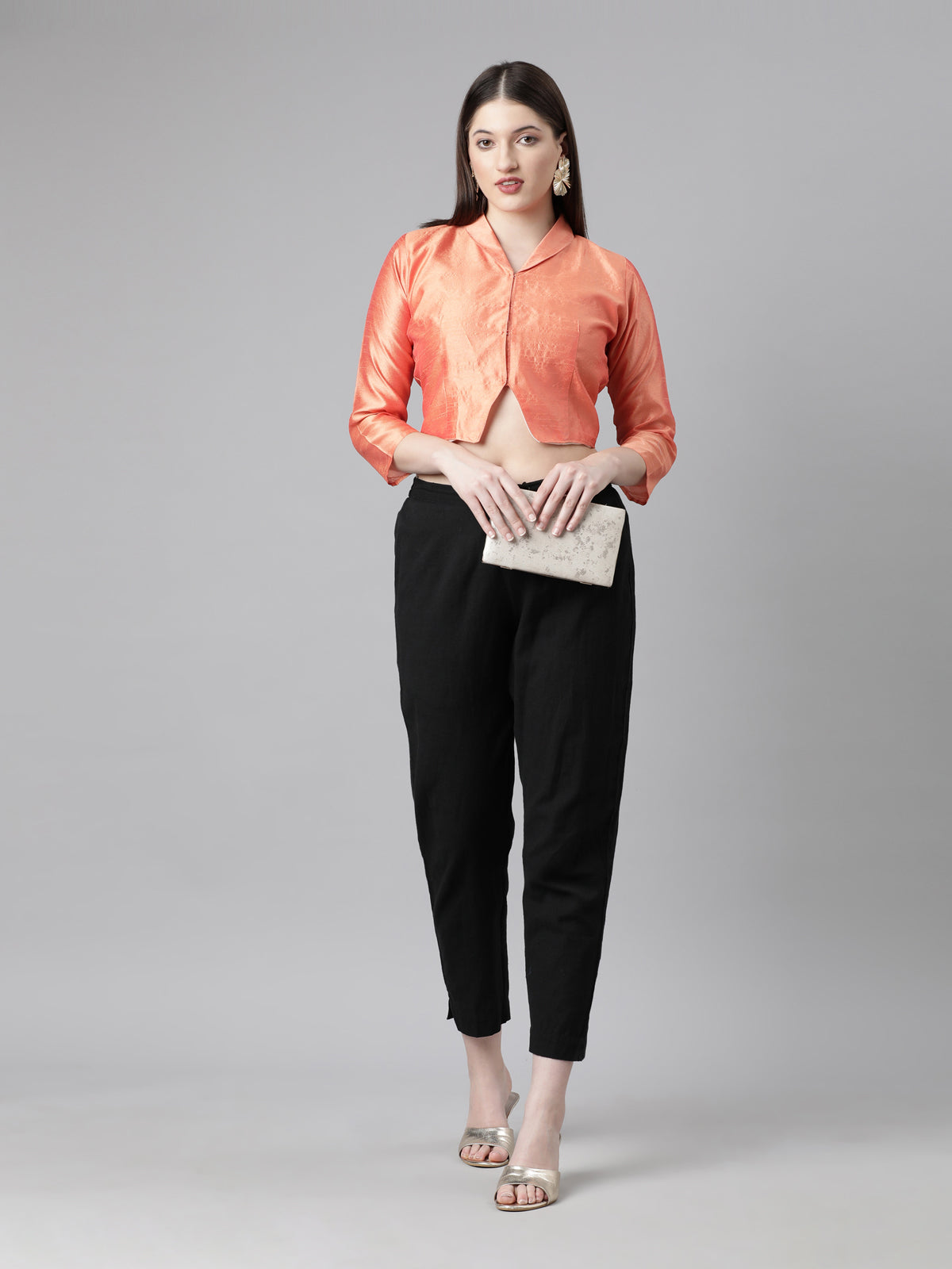 Peach Solid Three-Quarter Sleeves Mandarin Collar Dupion Silk Knot Blouse
