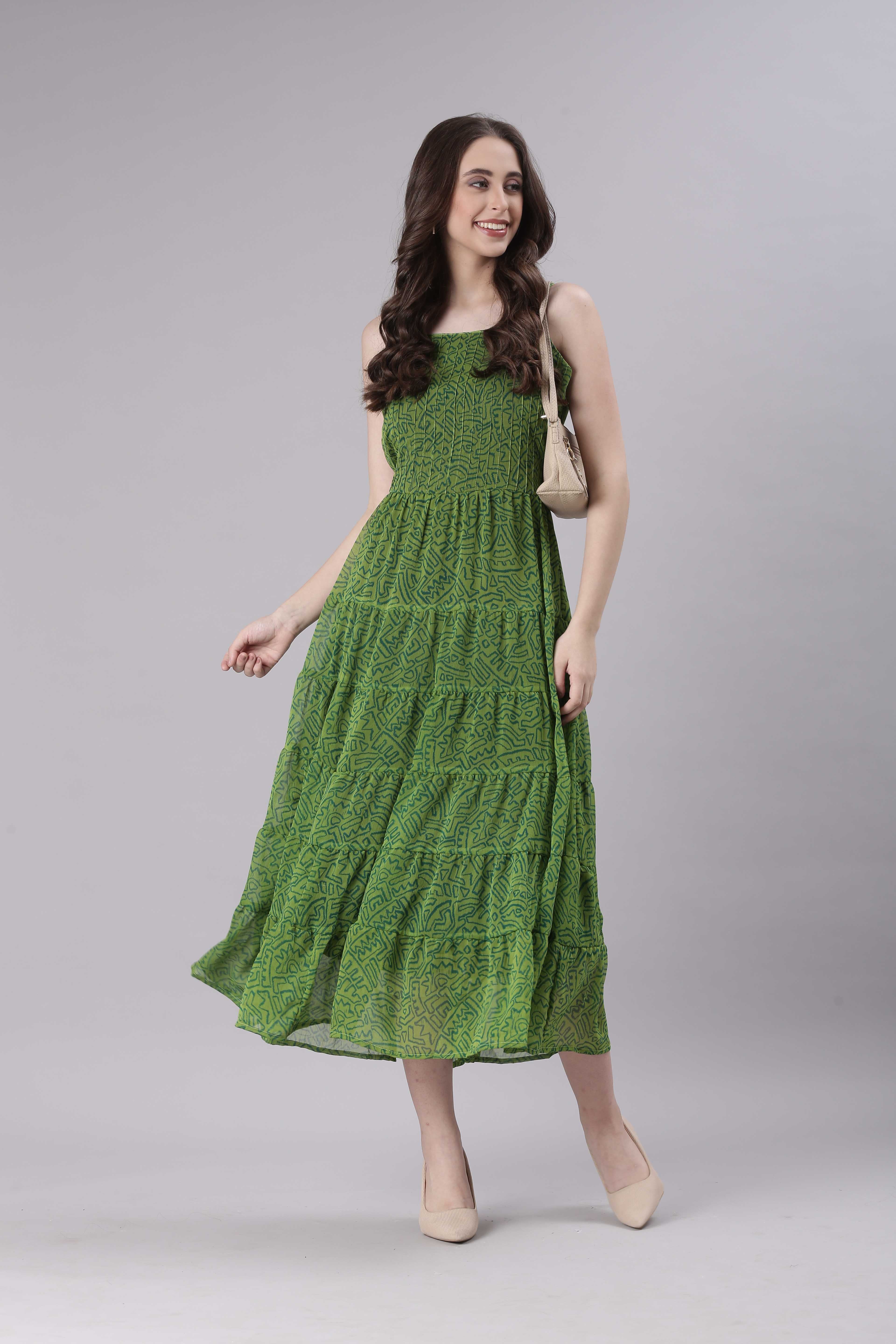Women Green Varlie Printed Tiered Dress