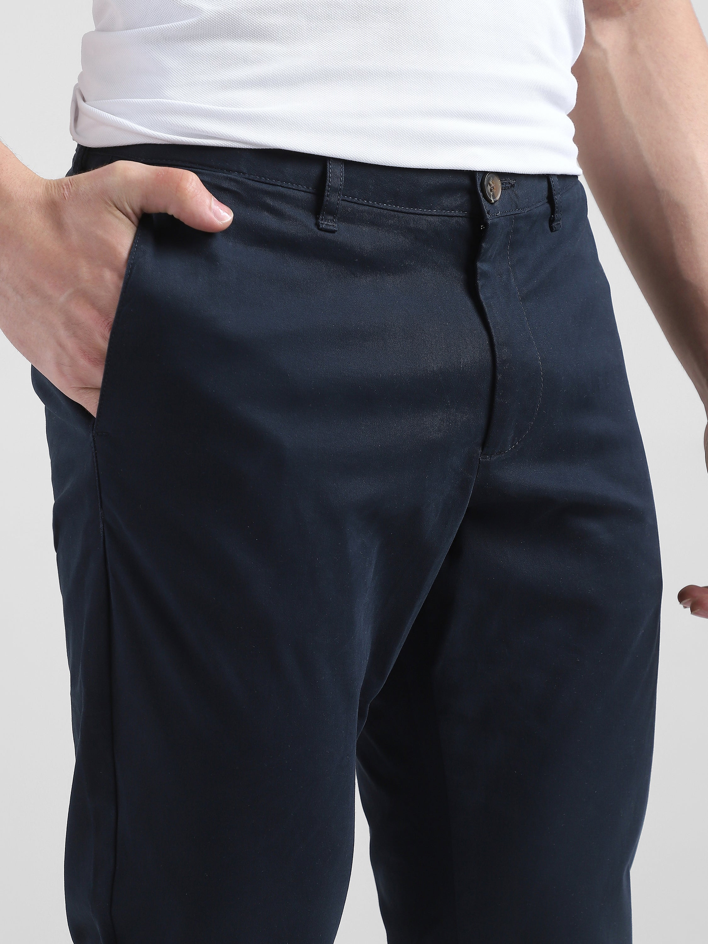 Men Navy Mid Rise Regular Fit Trouser
