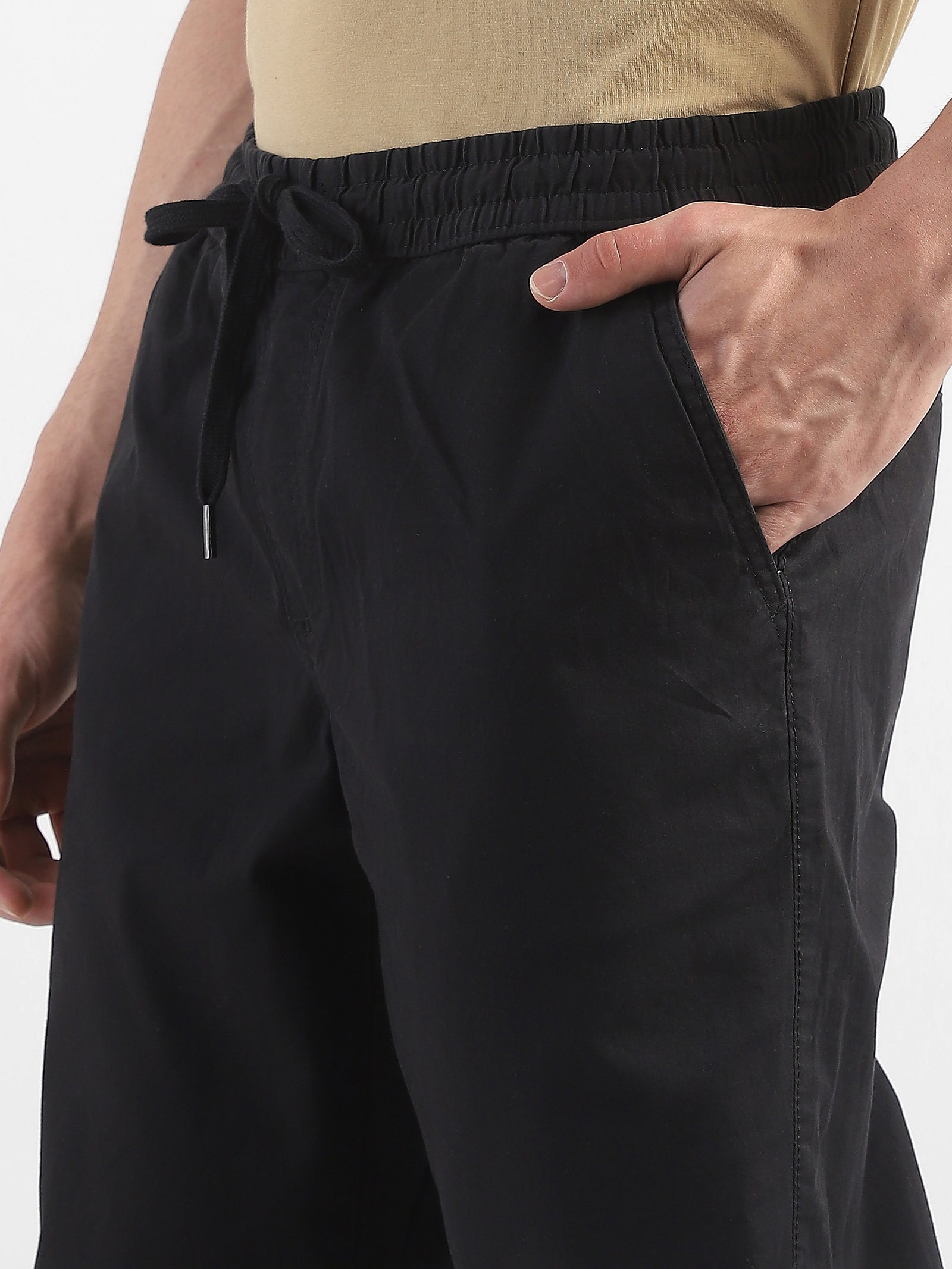 Men Black Cotton Blend Mid-Rise Pants