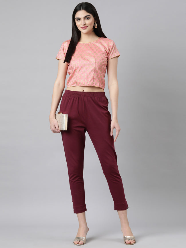 Pink Solid Short Sleeves Mandarin Collar Dupion Silk Knot Blouse