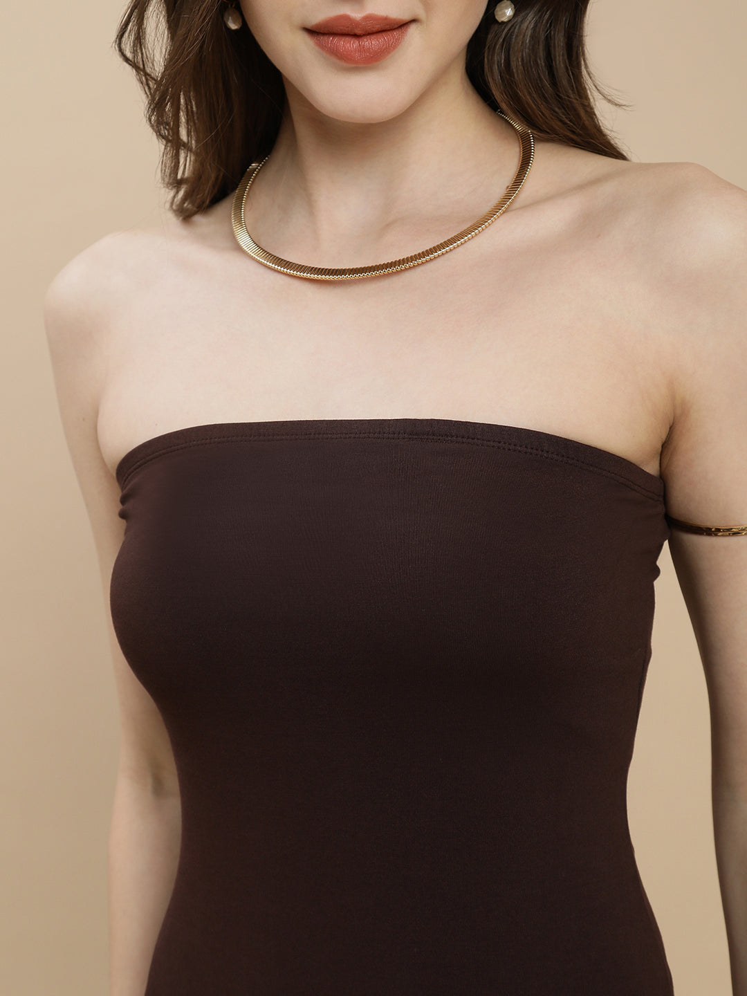 Women Brown Tube Dress With Back Slit