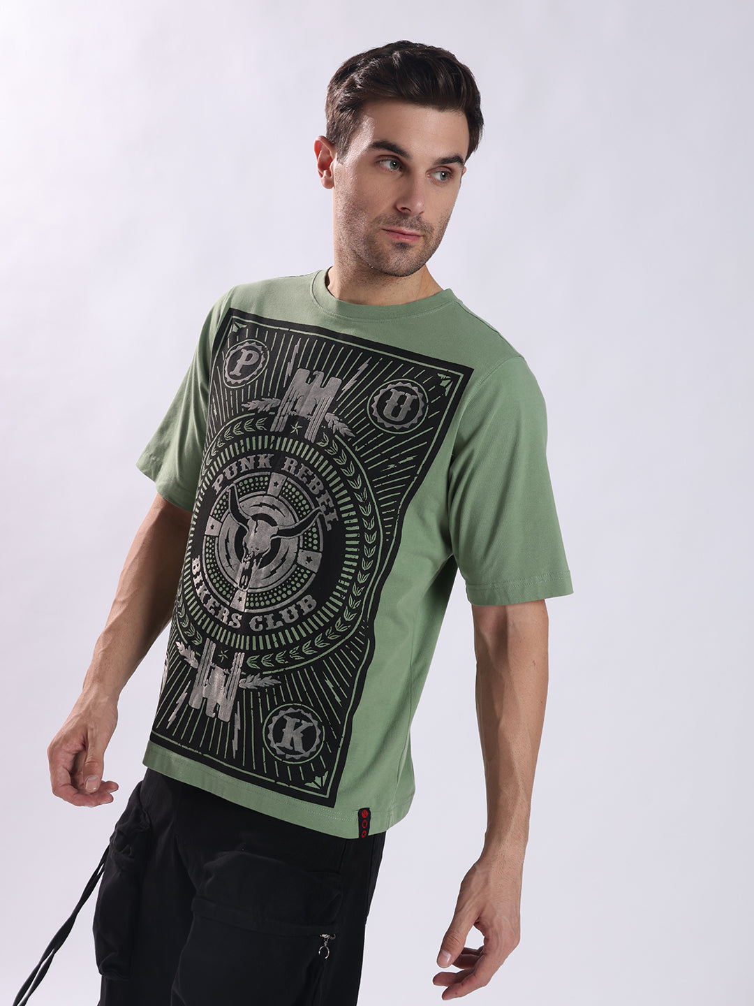 Men Olive Cotton Oversized T-Shirt