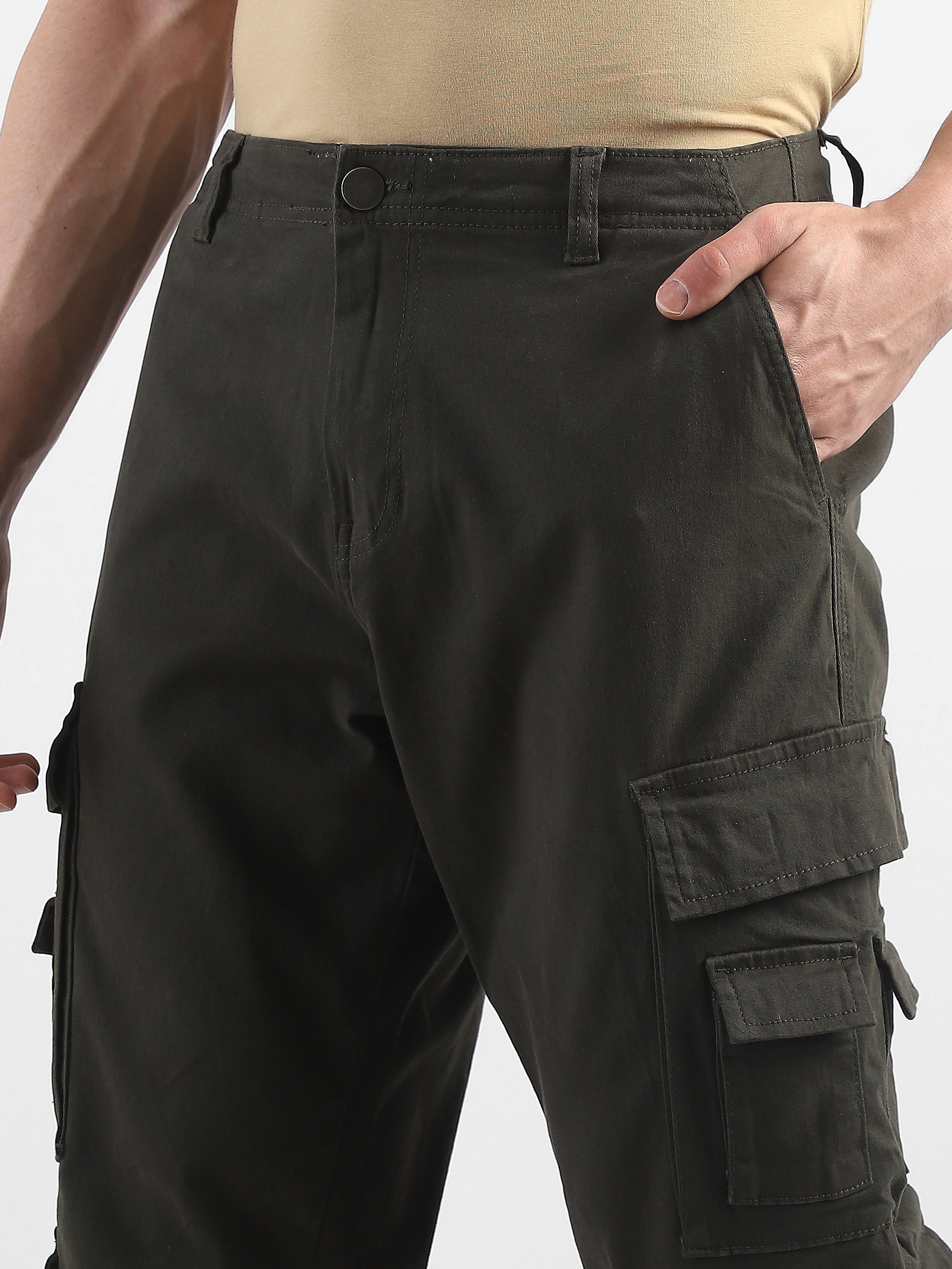 Men Olive Cotton Blend Cargo Pants with 12 pockets