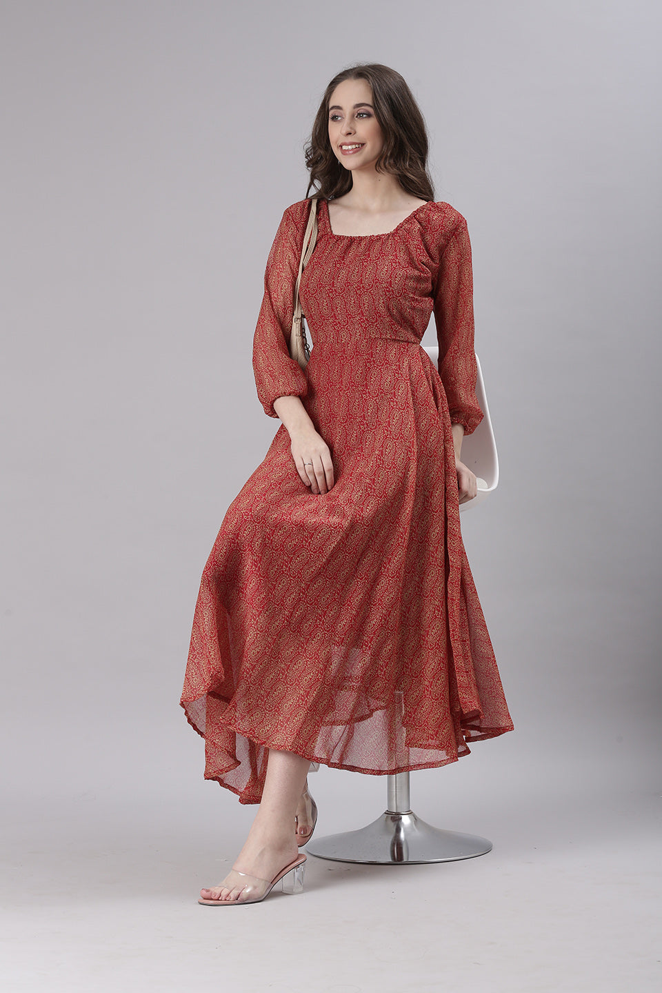 Women Red Printed Fit & Flare Dress