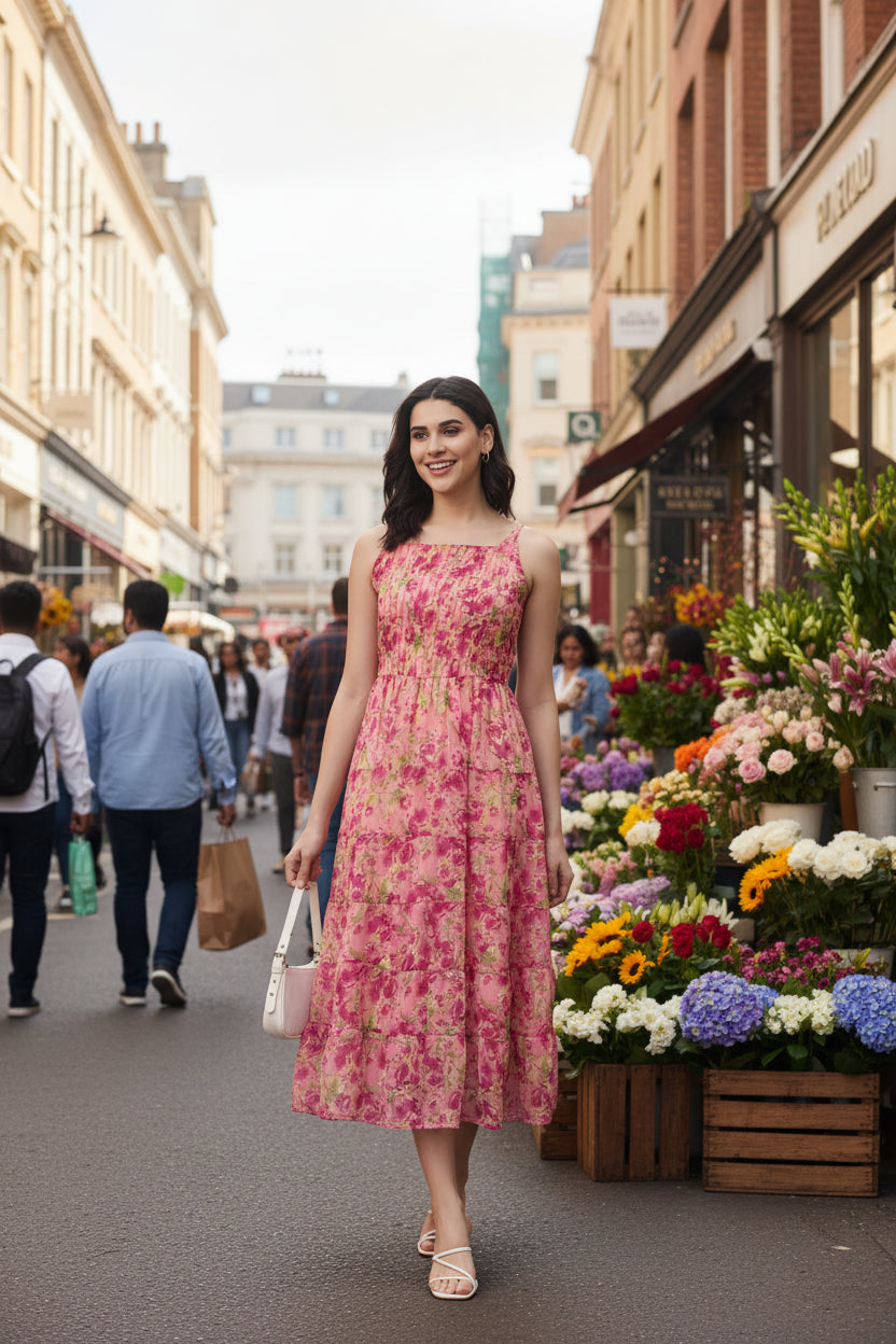 Women Floral Chiffon Midi Dress