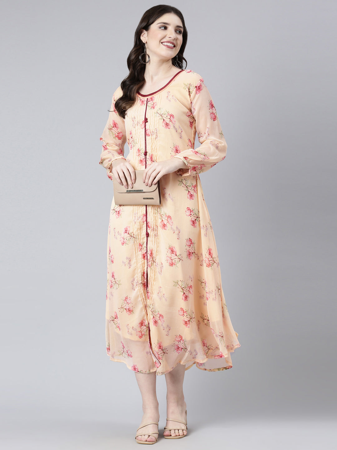 Women Peach Floral Chiffon Dress